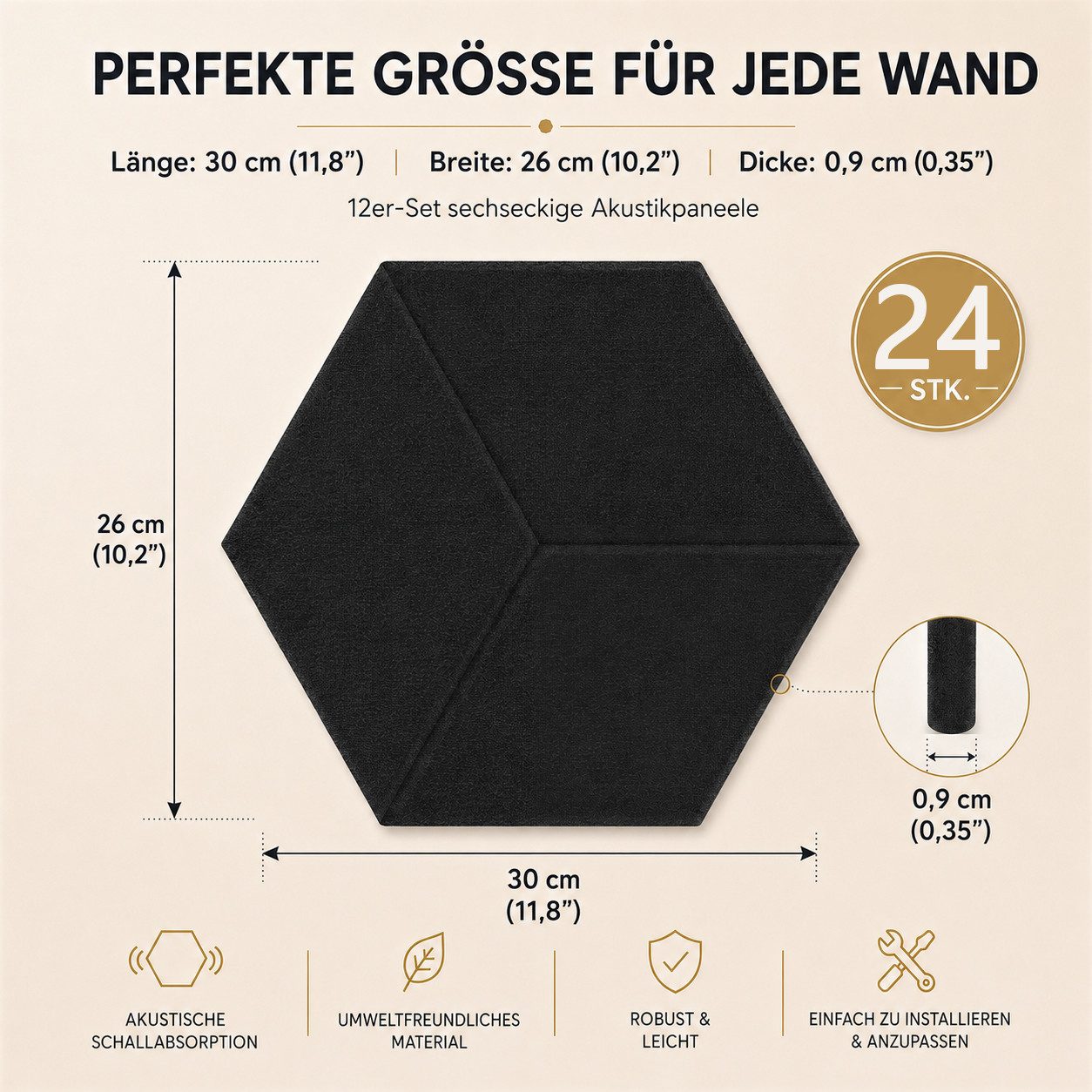 BlingBin Schallschutzpaneel sechseckige Schallschutz Wandpaneele, Akustikpaneele selbstklebend, BxL: 26x30 cm, 0,07 qm, (24er Set, 24-tlg., 300 x 260 mm) 3D Hexagon, Wandpaneele für Studio, Büro und Heimkino
