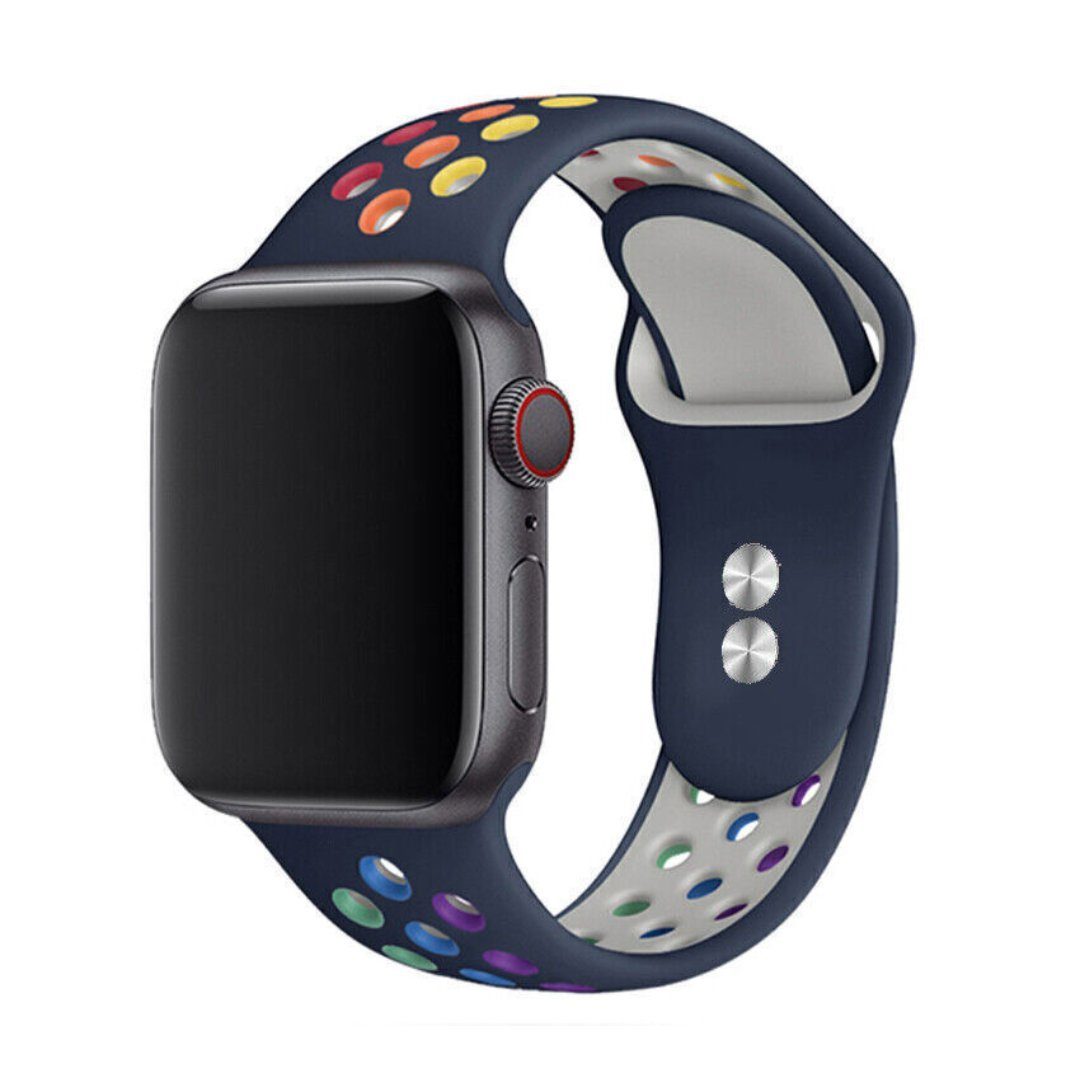 SmartUP Uhrenarmband Sport Silikon Armband für Apple Watch 1/2/3/4/5/6/7/8 SE Ultra, Sportband 38/40/41mm 42/44/45/49mm, Silikon Ersatz Armband #14 Regenbogen Blau
