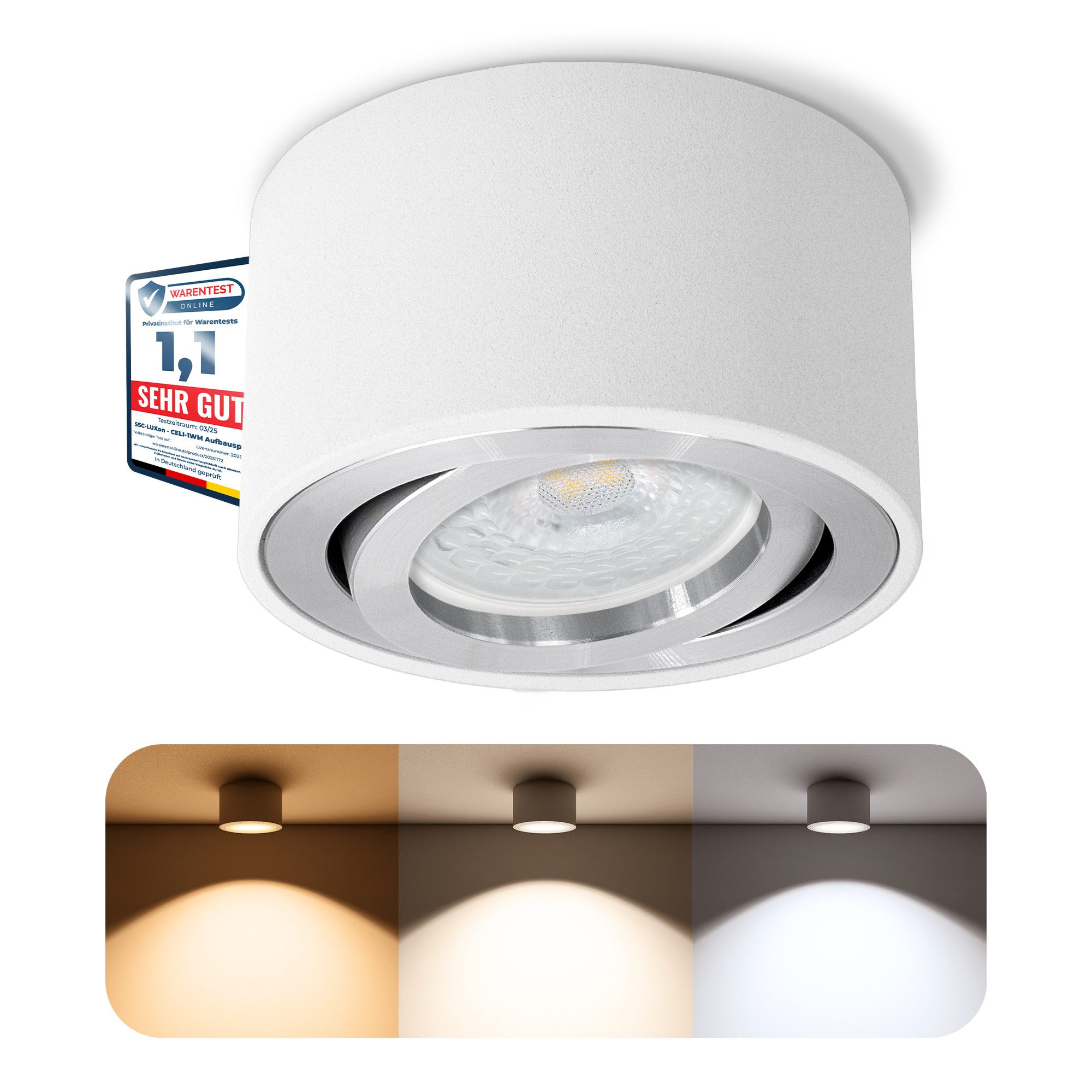 SSC-LUXon LED Aufbaustrahler CELI-1W LED Spot weiß 6W dimmbar warm/neutral/tageslicht Aufputzlampe, Warmweiß bis Tageslicht