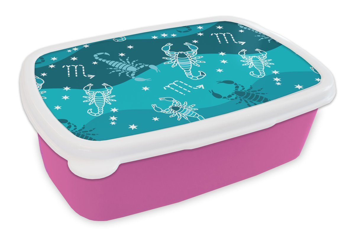 MuchoWow Lunchbox Skorpion - Tierkreiszeichen - Muster, Kunststoff, (2-tlg), Brotbox für Erwachsene, Brotdose Kinder, Snackbox, Mädchen, Kunststoff rosa