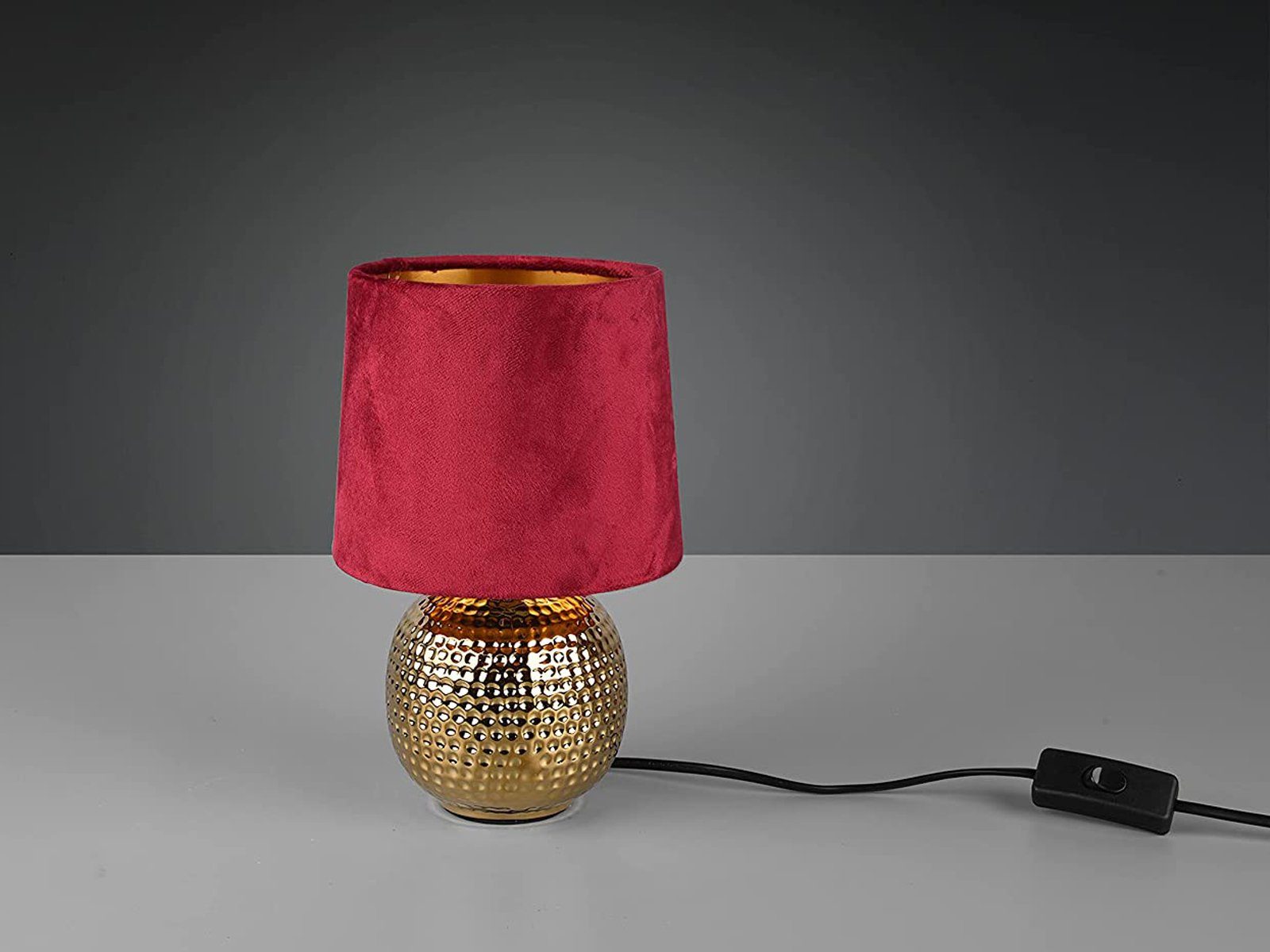 Reality Leuchten LED Nachttischlampe, Dimmfunktion, LED wechselbar, Warmweiß, kleine ausgefallen-e Samt Lampenschirm dimmbar, Rot Gold-en, Höhe 26cm