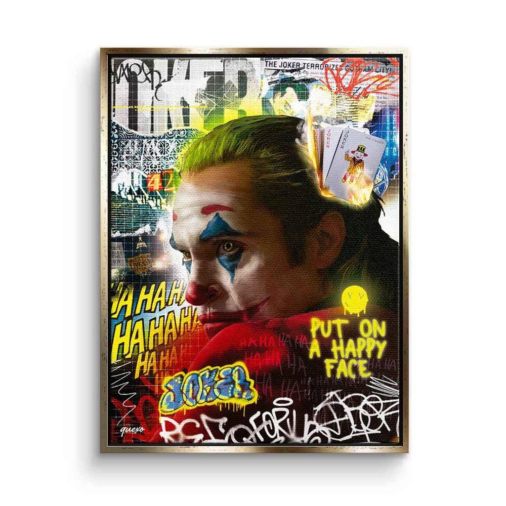 goldener Joker Leinwandbild, Pop Art Graffiti DOTCOMCANVAS® Rahmen Collage Batman Leinwandbild