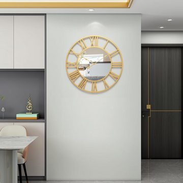 Jioson Wanduhr Spiegel Wanduhr 40cm Metall-Spiegel-Wanduhr, Retro Silent Wall Clock (Gold Wanduhren Modern Wohnzimmer mit Spiegel)