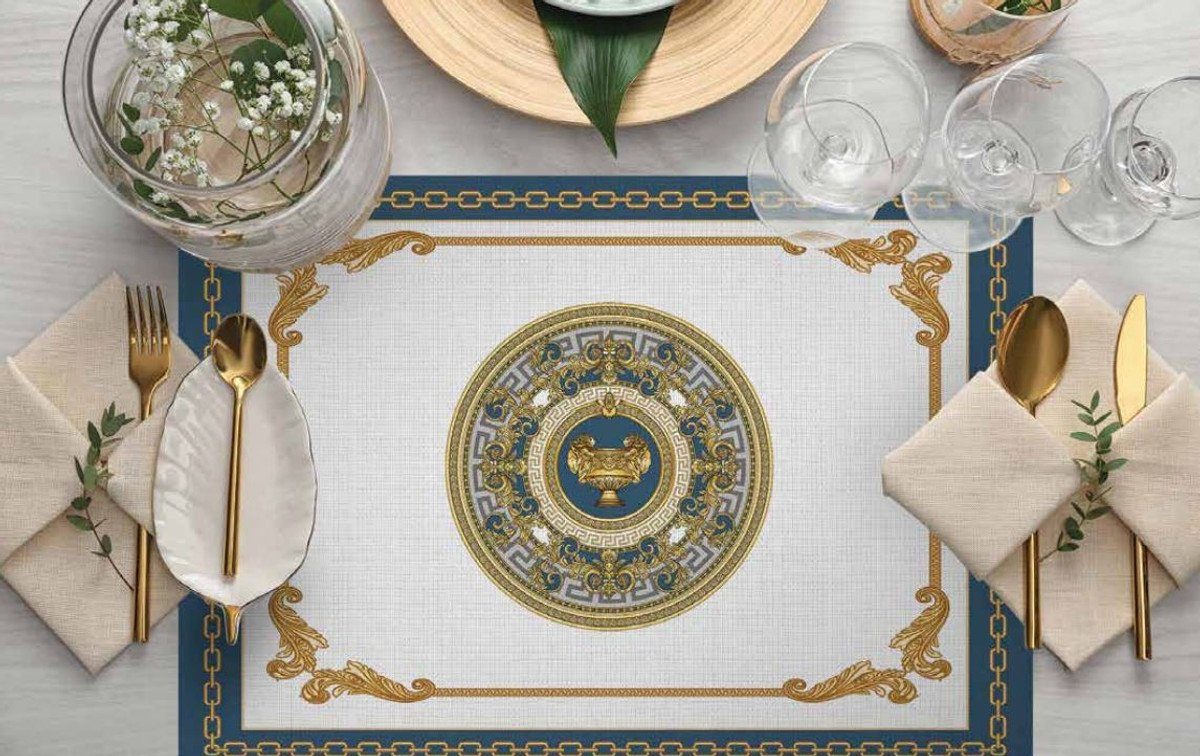 Casa Padrino Dekoobjekt Luxus Barock Tischuntersetzer 6er Set Weiß / Blau / Gold 35 x 50 cm - Platzdeckchen im Barockstil - Barock Esstisch Deko - Luxus Qualität