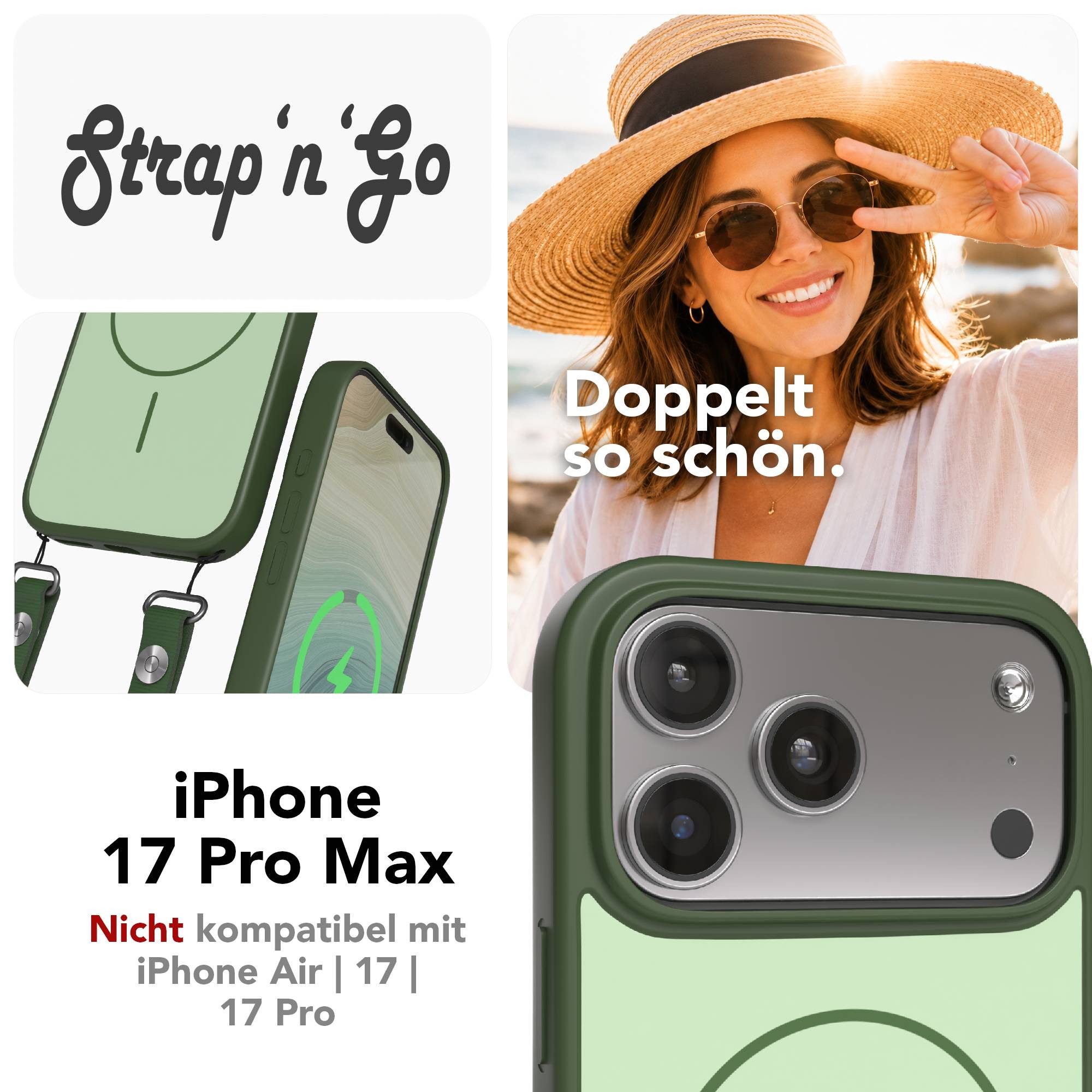 EAZY CASE Handykette Outdoor Case Thin MagSafe mit Band für Apple iPhone 17 Pro Max 6,9 Zoll, Outdoor Handyhülle mit schmalem MagSafe Ring und Trageband Grün