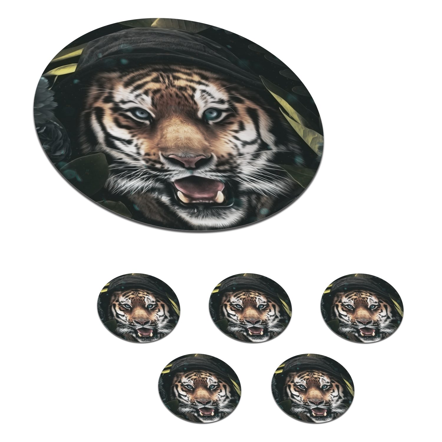 MuchoWow Glasuntersetzer Tiger - Blumen - Kleidung, Zubehör für Gläser, 6-tlg., Getränkeuntersetzer, Tassenuntersetzer, Korkuntersetzer, Tasse, Becher