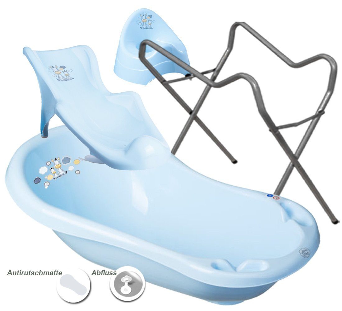 Maltex Babybadewanne 3 Teile SET Badeset WC - + - BABYWANNE (Made AUFSATZ Badesitz = Europe), Ständer SITZ ZEBRA in + + GESTELL Wanne, TOPF + Grau Baby + Blau