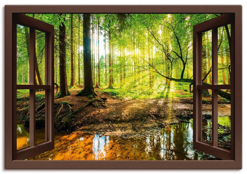 Artland Wandbild Fensterblick - Wald mit Bach, Wald (1 St), als Leinwandbild,  Wandaufkleber oder Poster in versch. Größen, Fertig zum Aufhängen für  einfache Montag