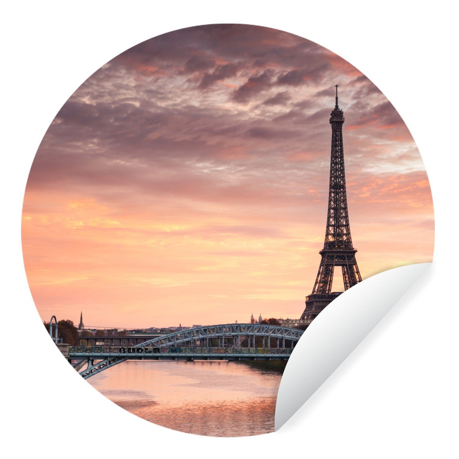 MuchoWow Wandsticker Sonnenuntergang hinter dem Eiffelturm (1 St), Tapetenkreis für Kinderzimmer, Tapetenaufkleber, Rund, Wohnzimmer