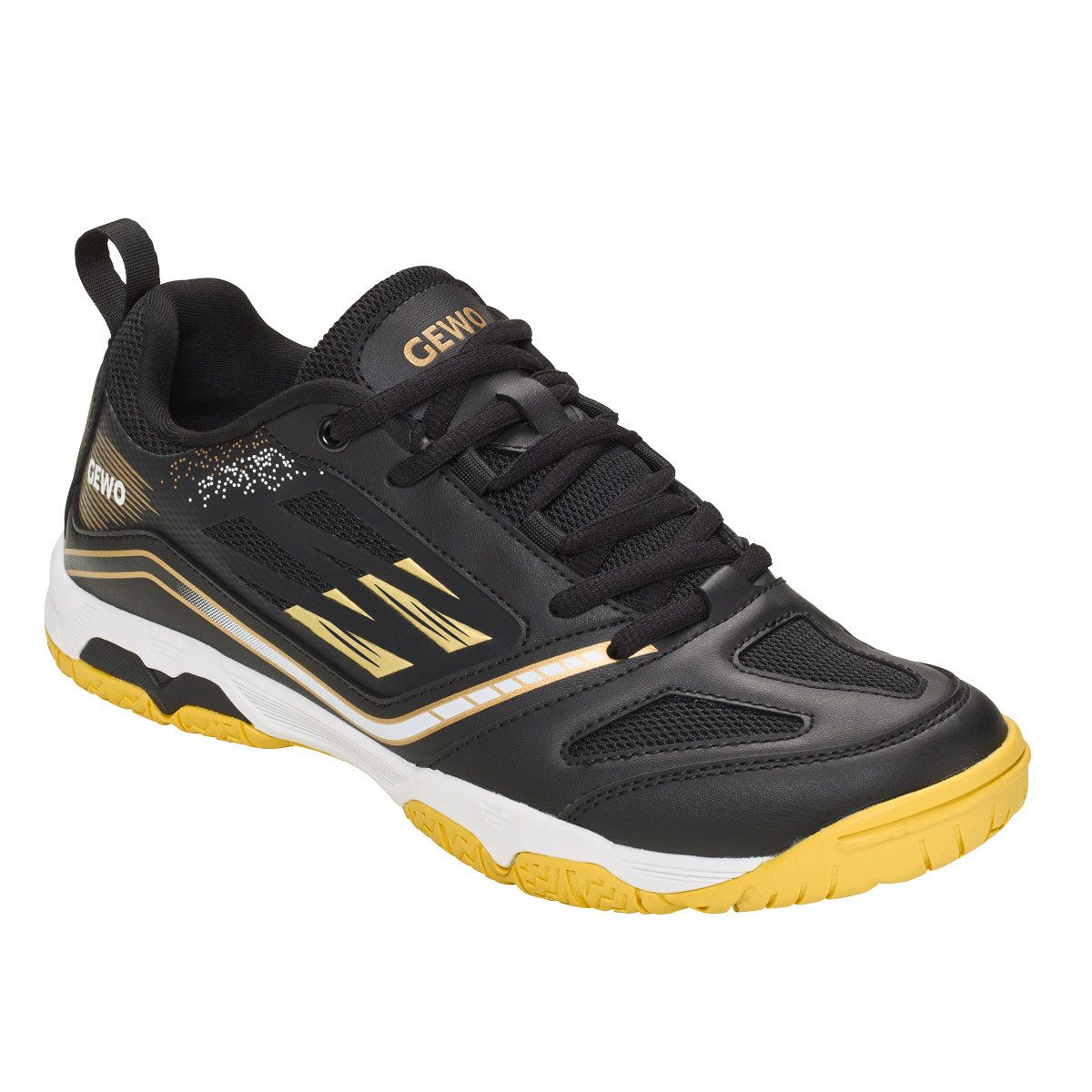 Gewo Tischtennis Schuhe Flex ForcePro Black, Hallenschuhe schwarz/gold Trainingsschuh Indoor Tischtennisschuhe Herren Damen
