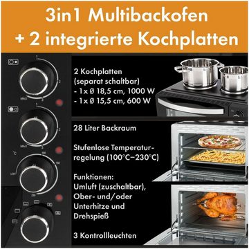 BOMANN Kleinküche KK 6059 CB, Mini-Backofen mit 2 Kochplatten, Drehspieß, Umluft, Ober-/ Unterhitze