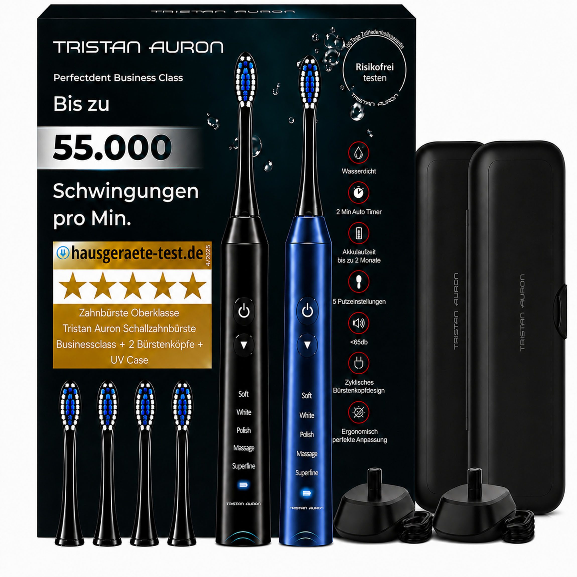Tristan Auron Elektrische Zahnbürste Elektrische Zahnbürste Doppelpack + UV Reiseetui - 60 Tage Akku IPX7, Aufsteckbürsten: 4 St.