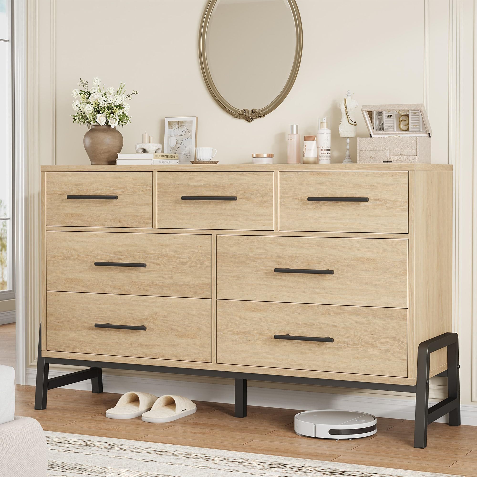 GarveeMore Kommode 7 Schubladen Hochkommode Schubkastenkommode Anrichte Kombikommode, Modernes Design Sideboard Holz-Aufbewahrungsschrank 132x41x81 cm