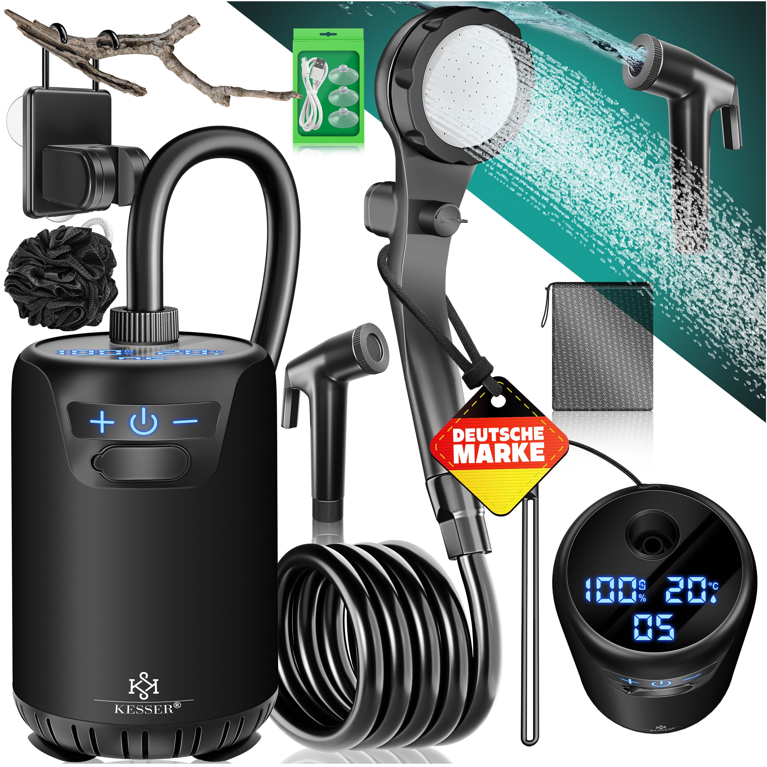 KESSER Gartendusche Campingdusche mit Pumpe & wiederaufladbarem Akku 4000mAh (Mobile Dusche inkl. Duschkopf, 2m Schlauch, Sprühpistole & Halterung), Outdoor Dusche