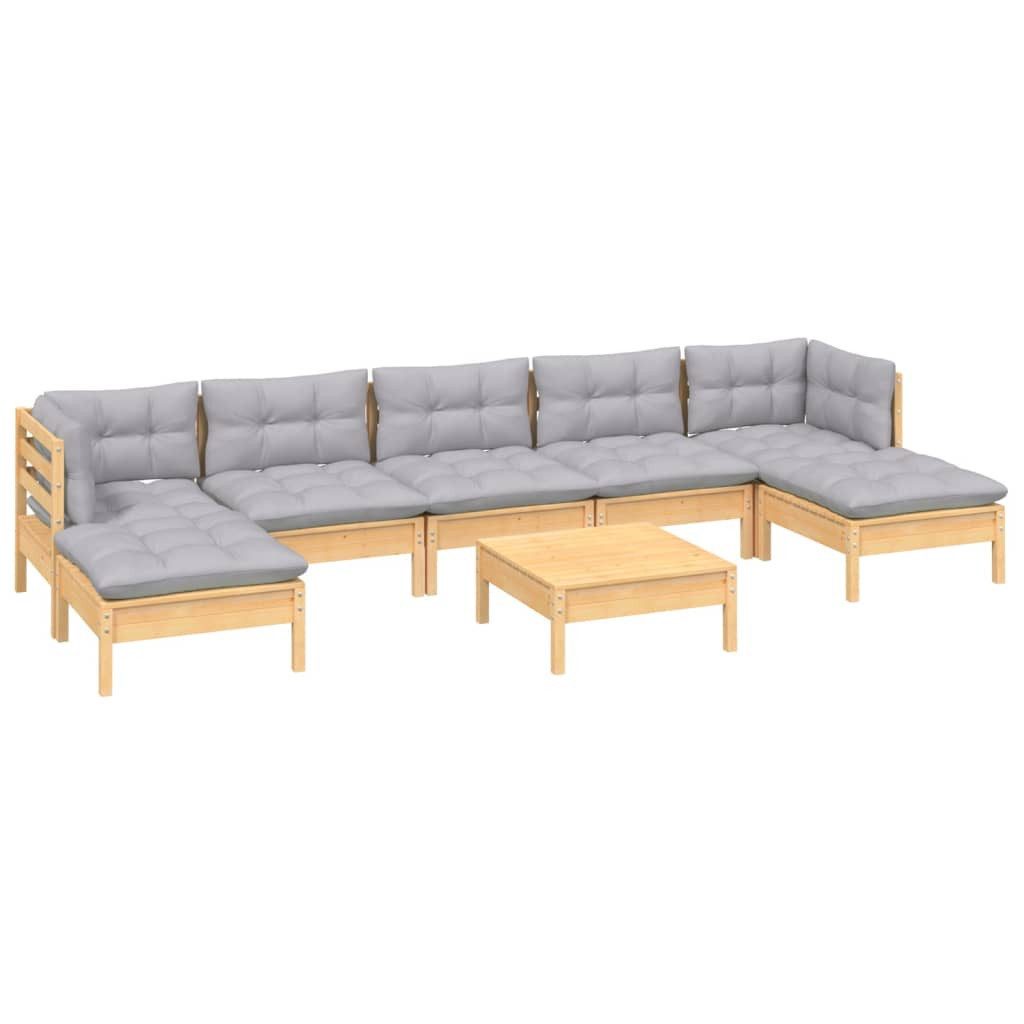 vidaXL Gartenlounge-Set 8-tlg. Garten-Lounge-Set mit Grauen Kissen Kiefernholz, (8-tlg)
