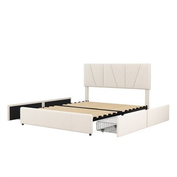 XDeer Funktionsbett Double Size Polster Plattform Bett mit vier Schubladen auf zwei, Seiten,Verstellbares Kopfteil,Beige(140*200cm)
