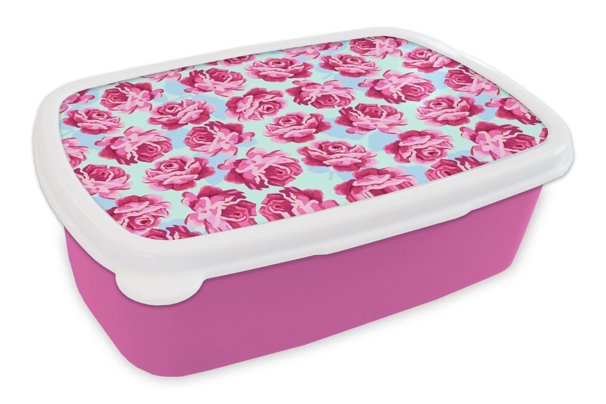 MuchoWow Lunchbox Blumen - Rosen - Muster, Kunststoff, (2-tlg), Brotbox für Erwachsene, Brotdose Kinder, Snackbox, Mädchen, Kunststoff rosa