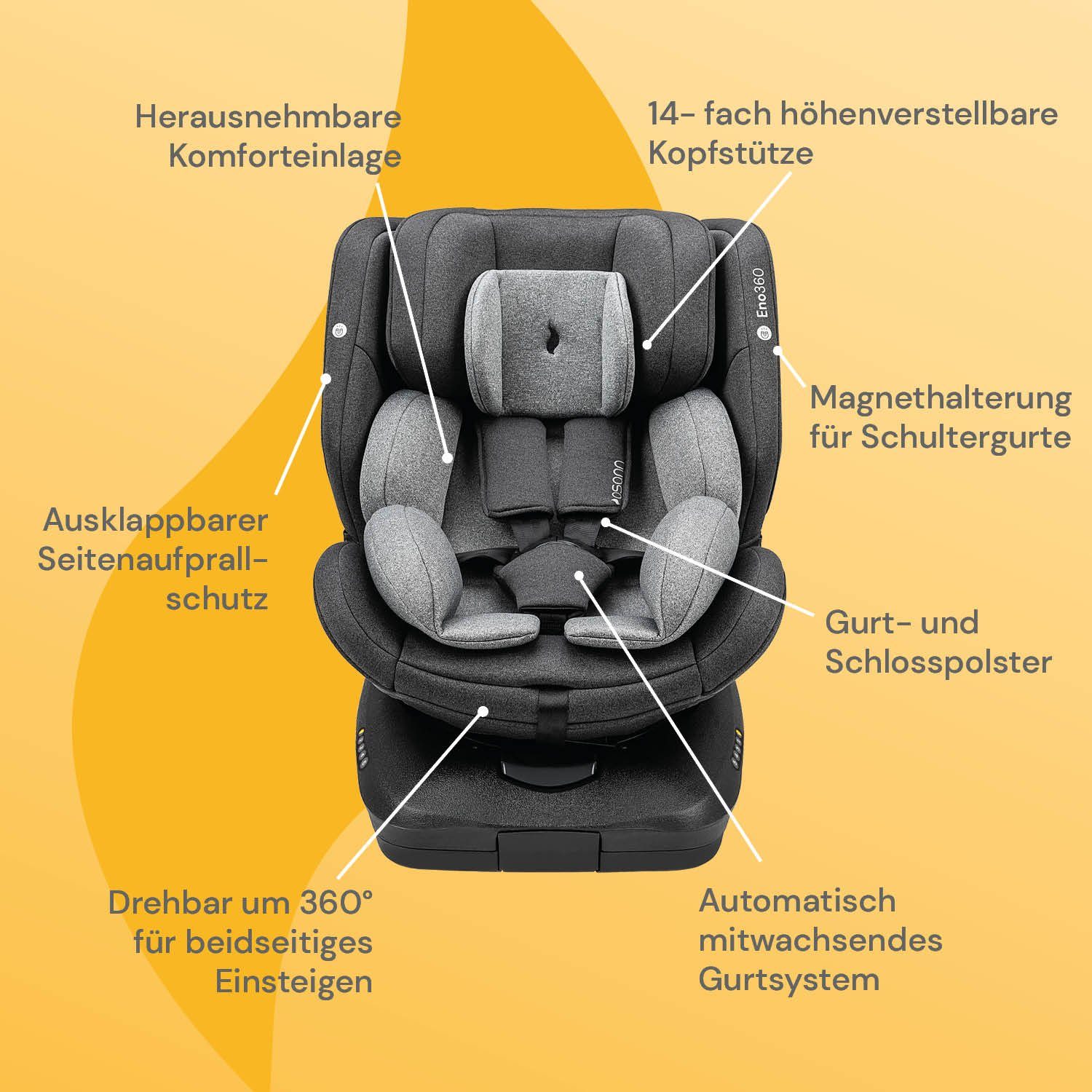 Osann Autokindersitz Eno360 i-Size, ab: 40-150 bis: 12 Jahre, mit Reboarder Isofix Top-Tether und drehbarer - cm dunkelgrau Geburt
