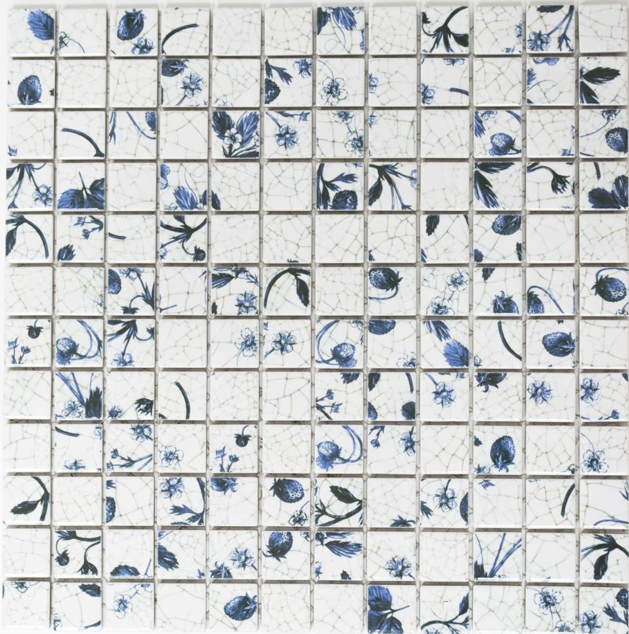Mosani Mosaikfliesen Keramik Mosaik weiß Küche blaue Retro Vintage Mosaikfliese Blume