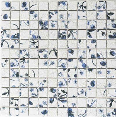 Mosani Mosaikfliesen Keramik Mosaik Retro Vintage weiß blaue Blume Mosaikfliese Küche