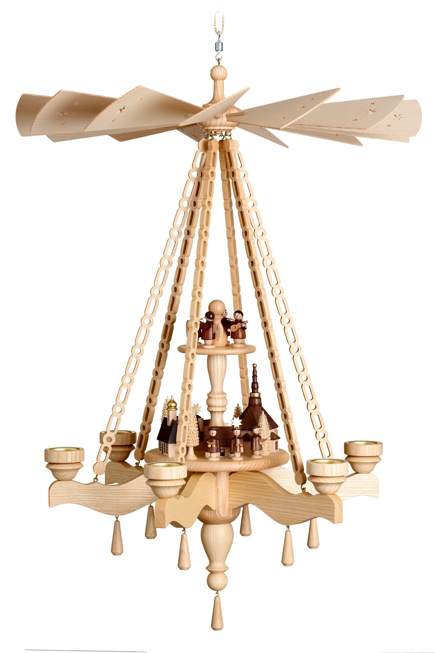 Volkskunstwerkstatt Unger Weihnachtspyramide Deckenpyramide 85 cm, Seiffener Dorf mit Engel, 2-stöckig
