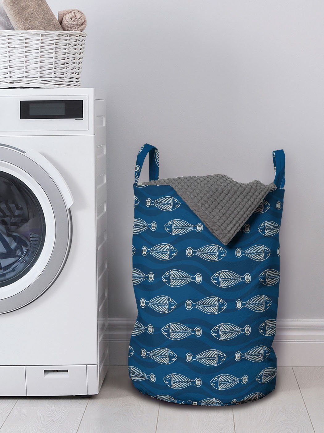 Abakuhaus Wäschesäckchen Wäschekorb für mit Kordelzugverschluss mit Griffen Nautisch Wellenmuster Waschsalons, Fisch
