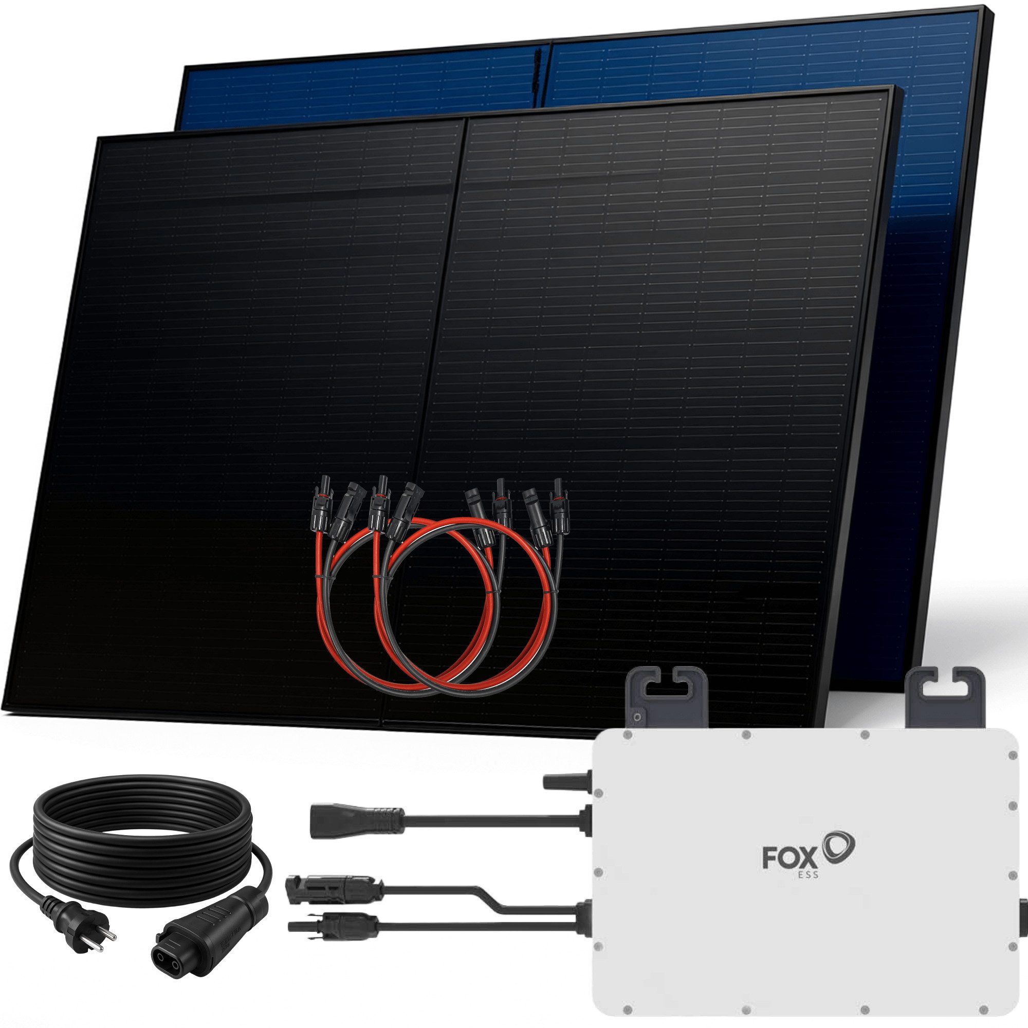 SUNNIVA Balkonkraftwerk 1000W BIFAZIAL FULLBLACK komplett Steckdose, (FOX ESS 800W Wechselrichter, PV Solaranlage, 2x 500W Glas-Glas Solarmodule, inkl. 5m Kabel, Bluetooth WIFI, Komplettset)