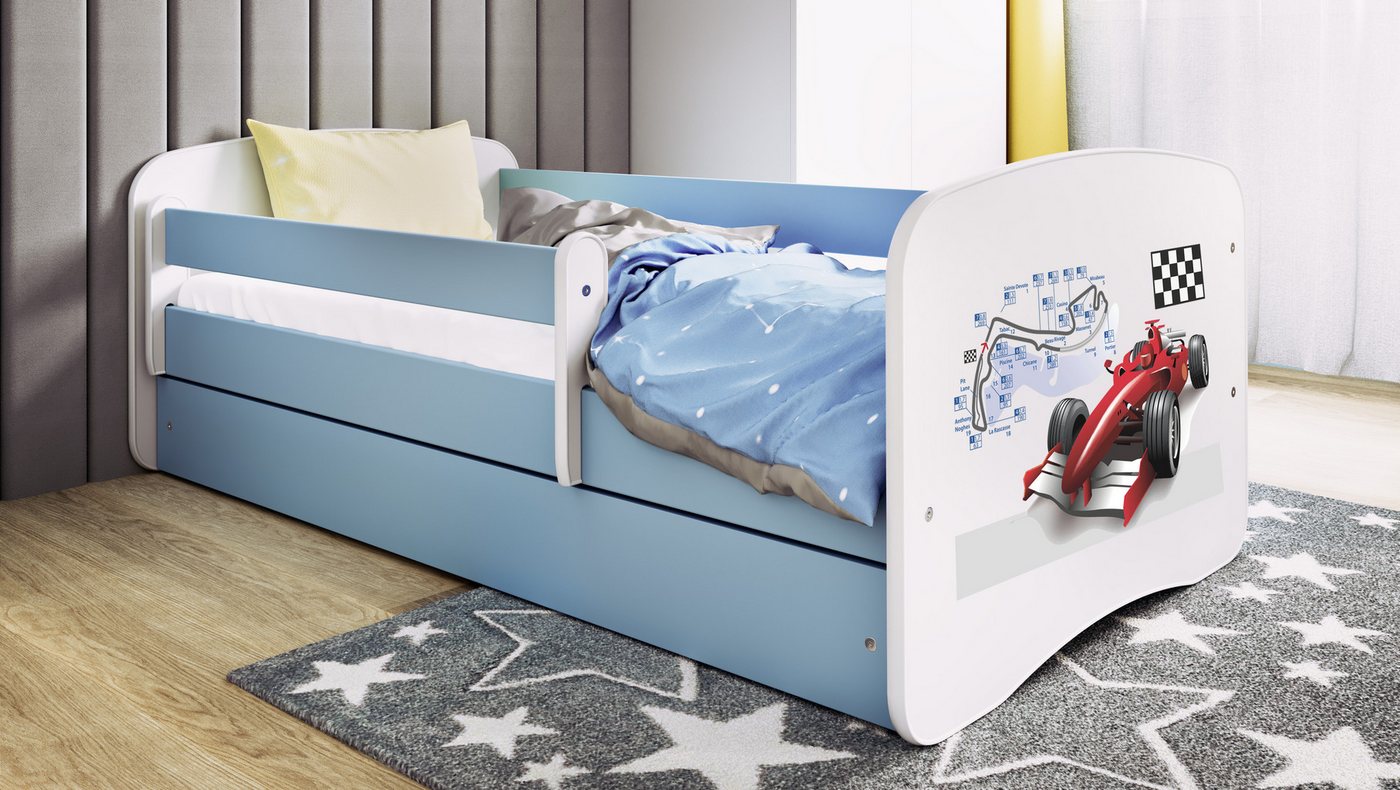 Raumhirsch Furniture Kinderbett 70x140, 80x160, 80x180 cm - Komplettset mit Matratze & Schublade (Bett für Jungs, Einzelbett für Kinder 2–12 Jahre mit Rausfallschutz), verschiedene Farben & Designs