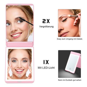 DOPWii Kosmetikspiegel Tragbarer LED Spiegel, Reise Make up Spiegel, 2x Vergrößerung, 3 Farben dimmbar
