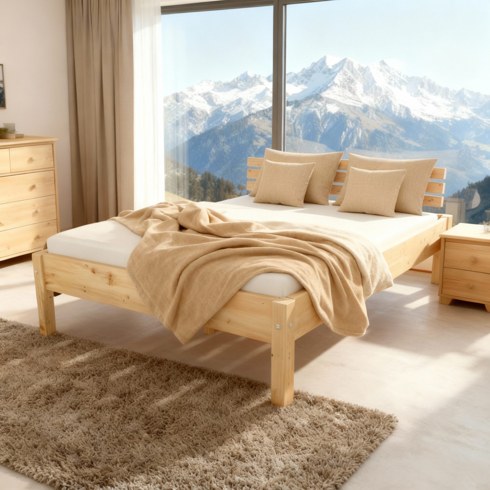TUGA-Holztech Massivholzbett Zirbenbett 200 x 190 cm Holzbett Vollholzbett Bettgestell Bettrahmen, Breite 70 80 90 100 120 140 160 180 200 Länge 190 200 210 220 H=48 cm