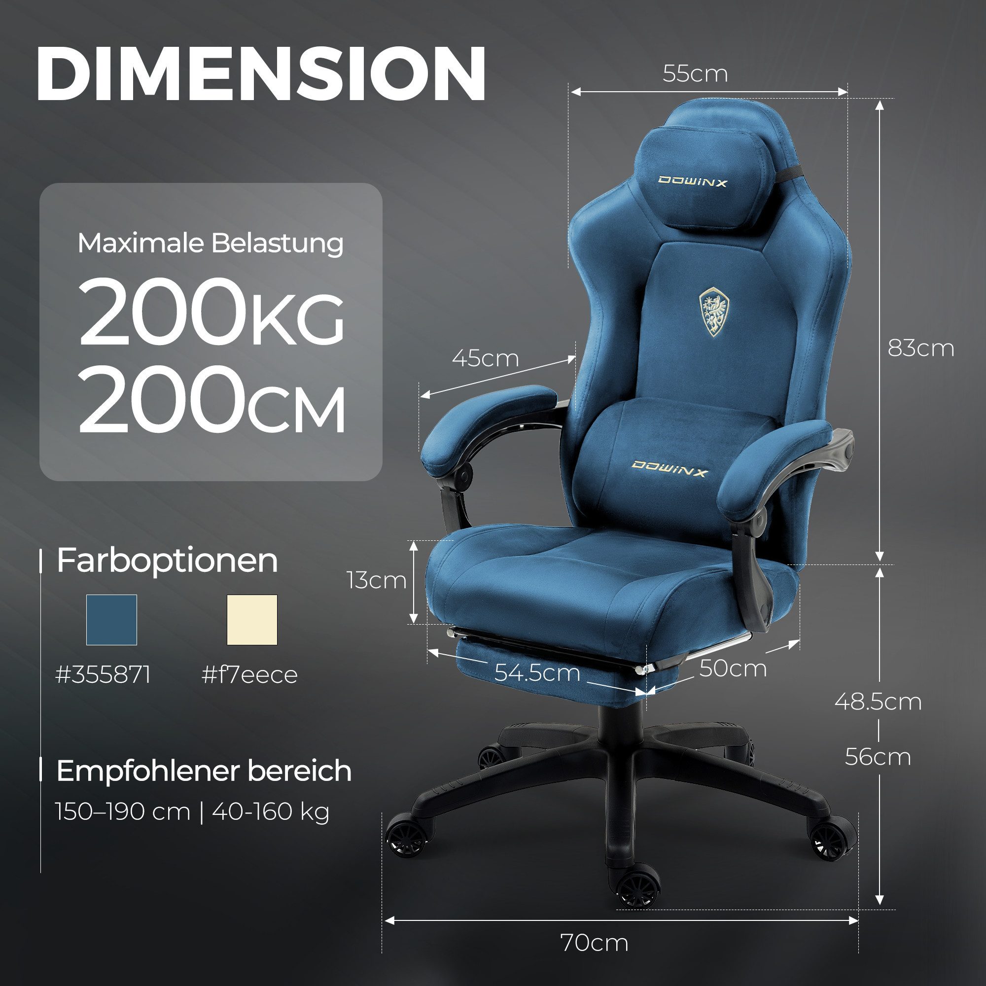 Dowinx Gaming-Stuhl Atmungsaktiver und Ergonomischer Bürostuhl aus Mikrofaser-Velours (Packung), Weiches Sitzgefühl, Verstellbarer Schreibtischstuhl mit Fußstüt – Bild 4 von 5