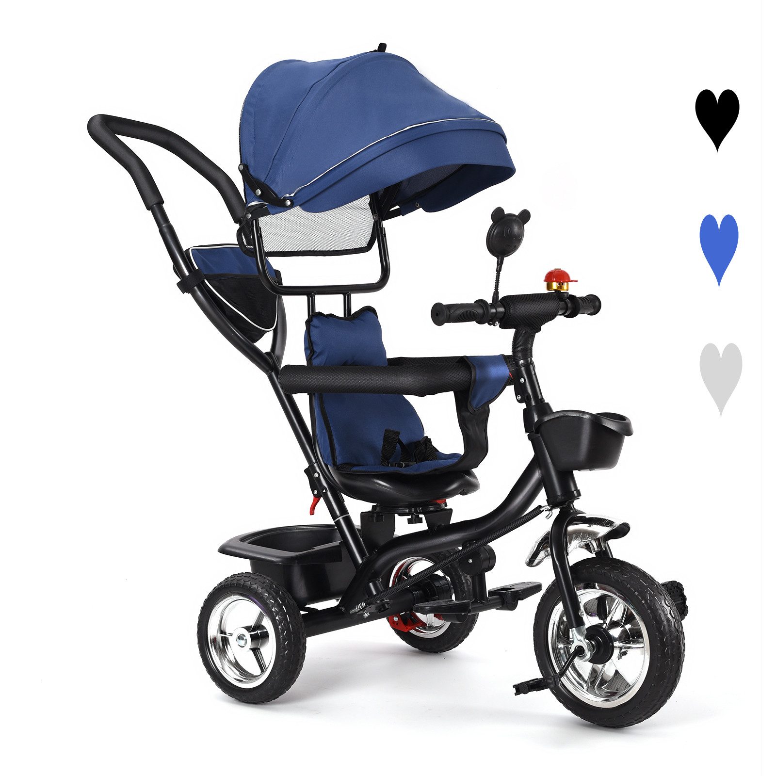 JEOBEST Dreirad-Kinderwagen Dreirad 4 in1 Kinderdreirad Kinder Fahrrad mit Schubstange, Schubstange +Klappverdeck +Drehbarer Sitz +Schubstange +Getränkehalter