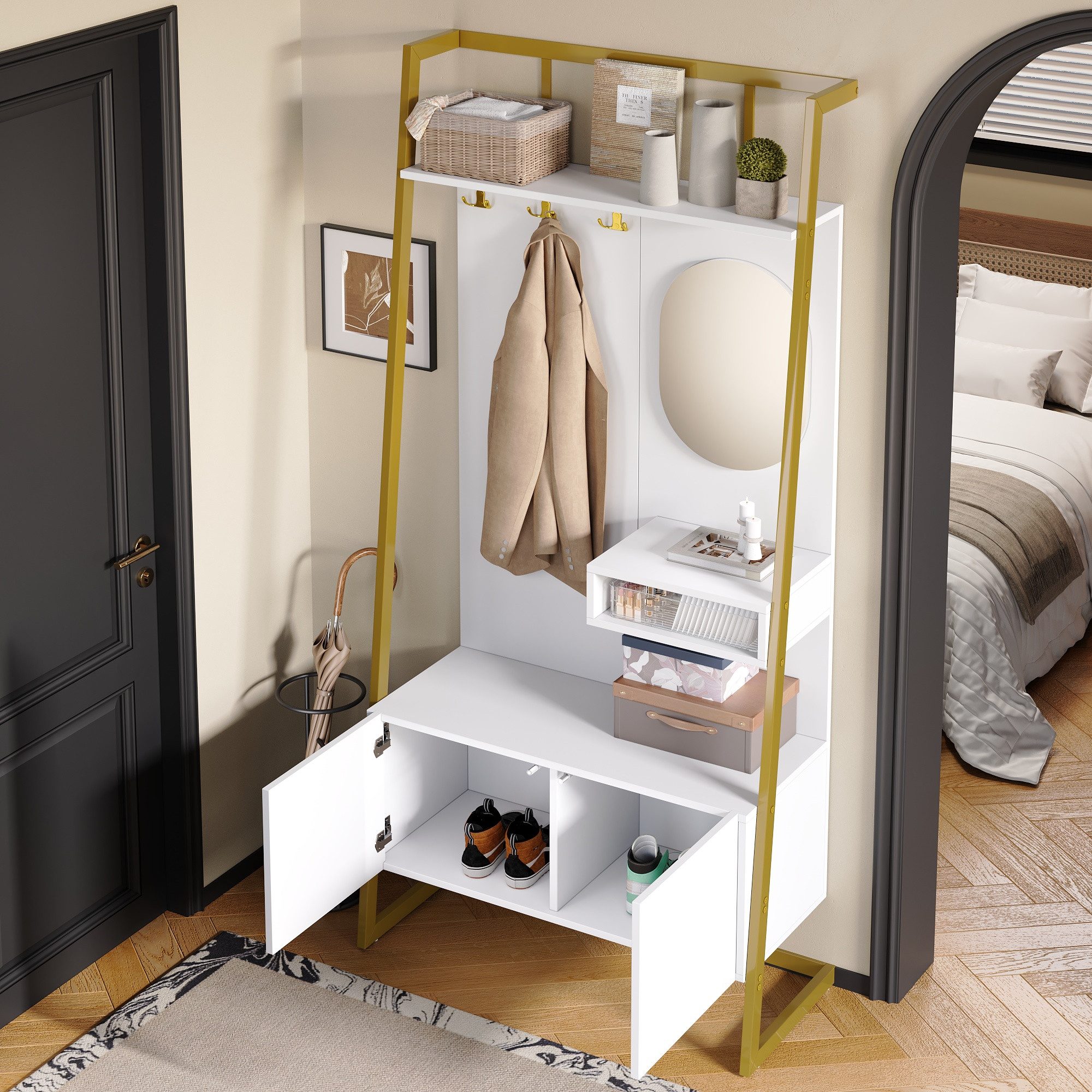 Merax Kompaktgarderobe mit Spiegel, Garderoben-Set aus Holz & Metall (1-St) Flurschrank mit Metallhaken, Schuhschrank & Sitzbank, 78×180,5×38,5 cm