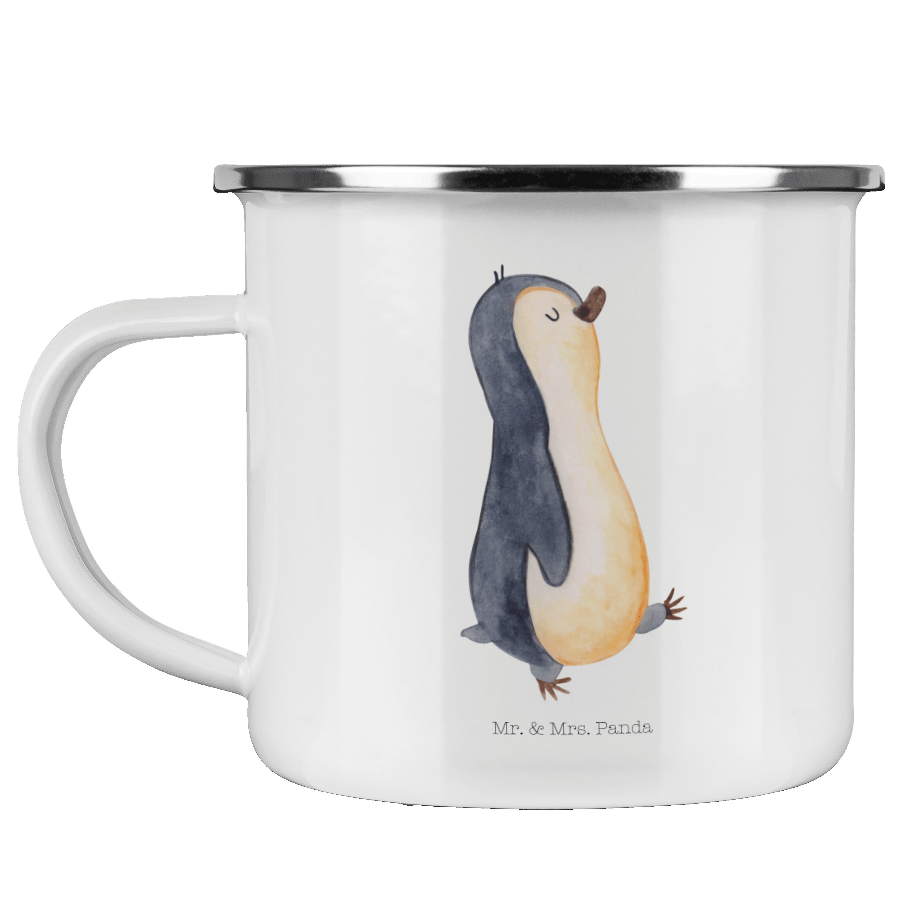 Mr. & Mrs. Panda Becher Pinguin marschierend - Weiß - Geschenk, Pinguine, stolz, Schwester, E, Emaille