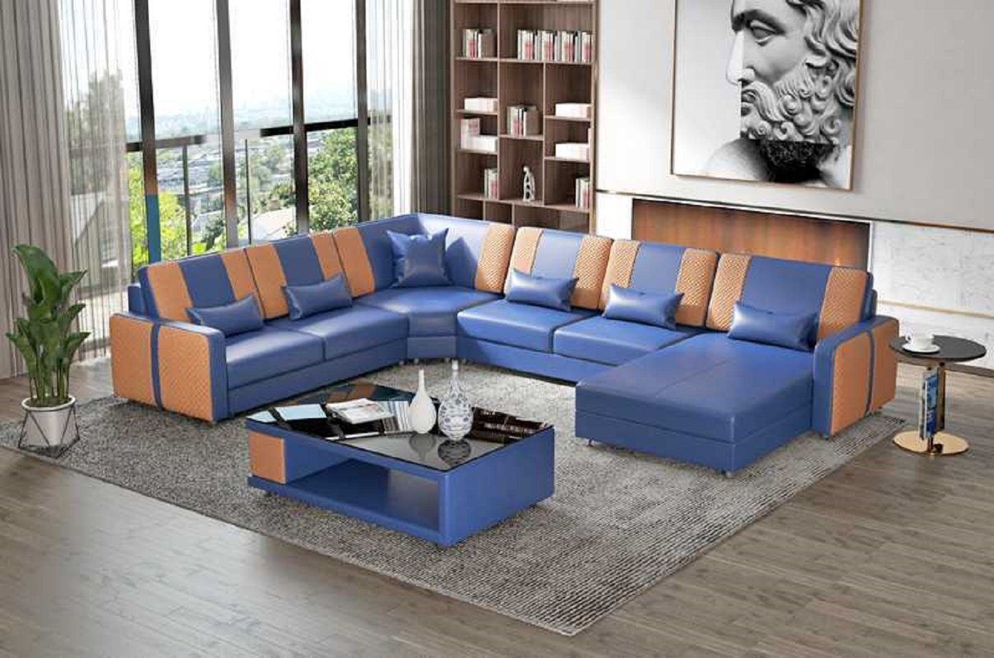 XXL Kunstleder JVmoebel Modern, U 4 Sofa Wohnlandschaft in Form Ecksofa Große Ecksofa Teile, Made Europe Blau