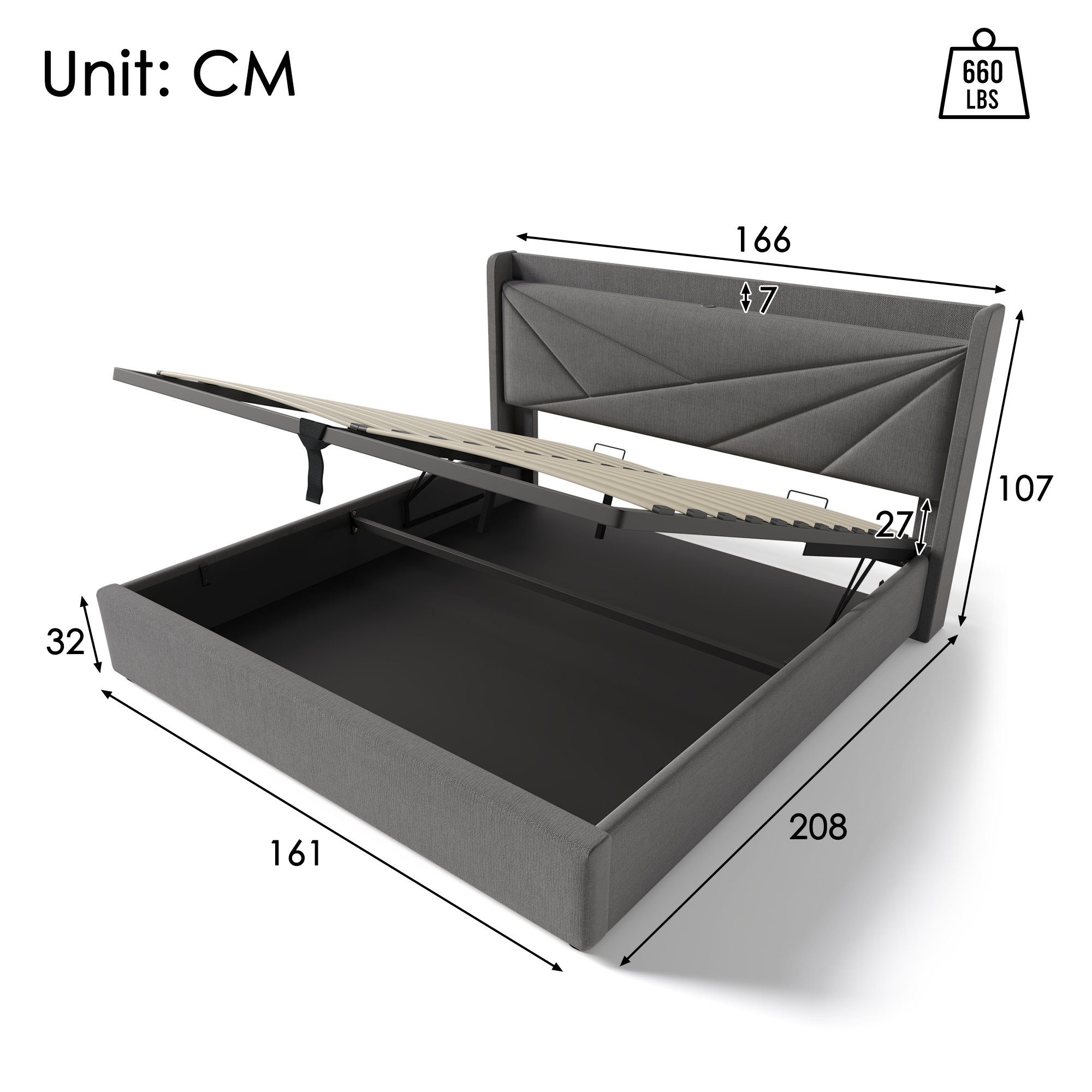 Polsterbett (Funktionsbett mit Lattenrost und Matratze), Stauraumbett 160x200cm mit USB Typ C Ladefunktion Kopfteil, Leinen