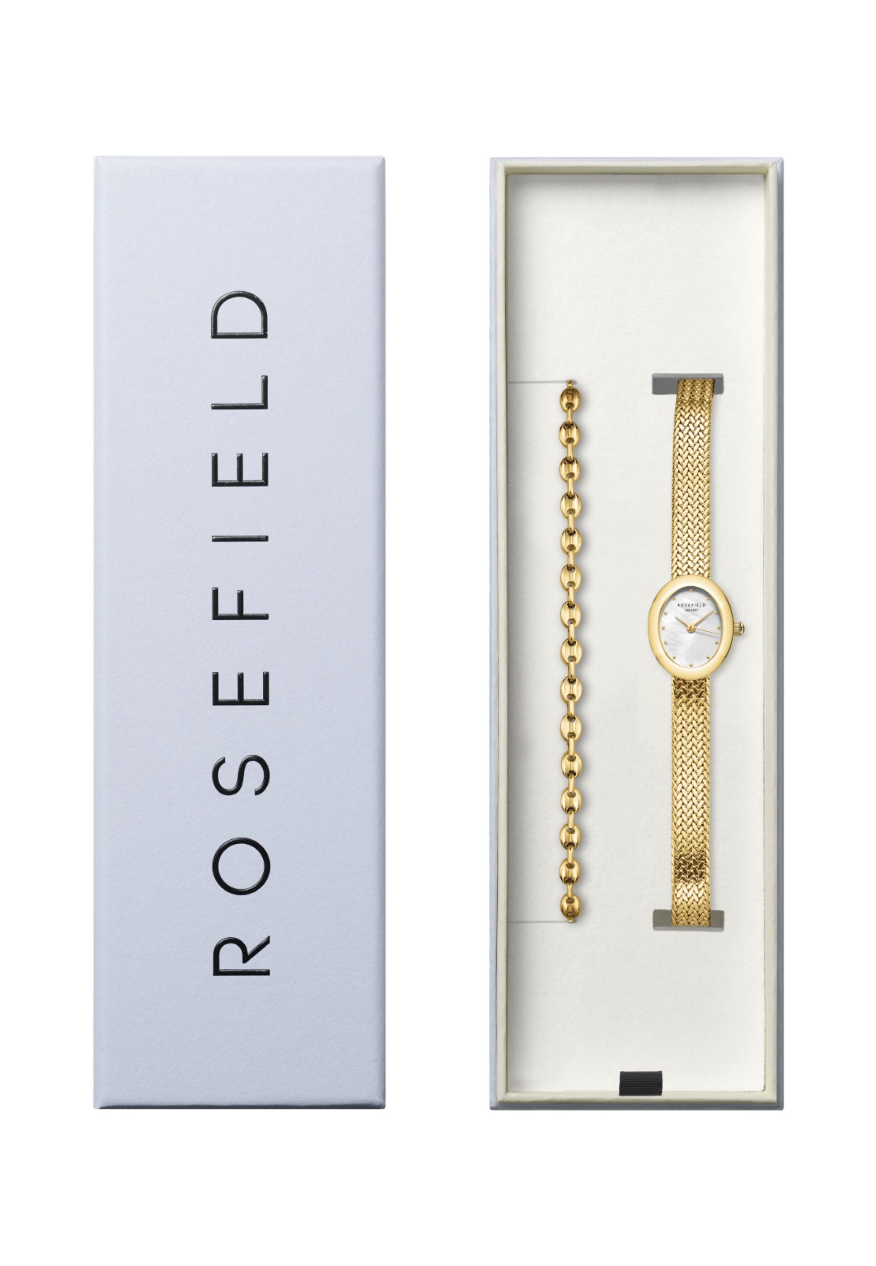 ROSEFIELD Quarzuhr ROSEFIELD Mini Oval + Kaffeebohnen-Armband Geschenkset für Damen