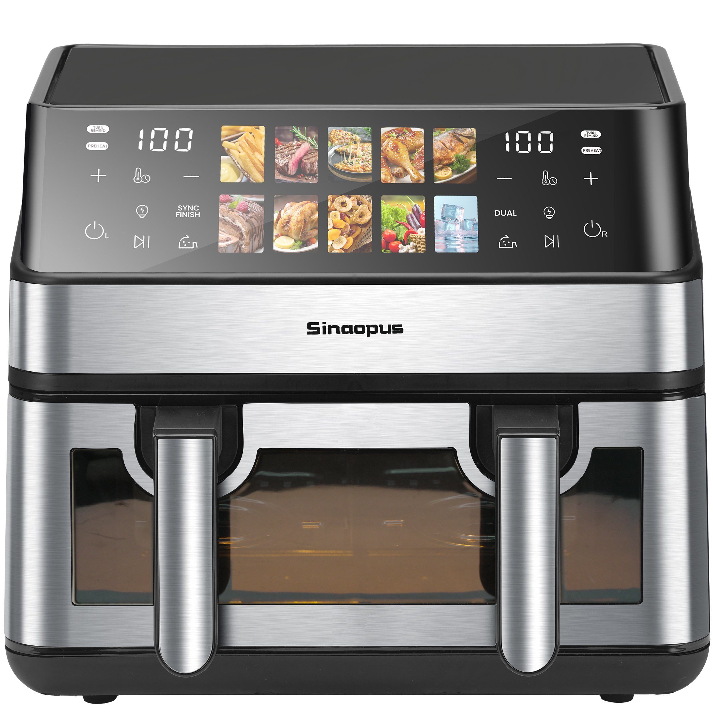 Sinaopus Heißluftfritteuse 9L, 2000W Dual Airfryer mit 2×4,5L Körben, Sichtfenster & 10 Programmen, 2000 W, Doppelkammer-Fritteuse mit 360° Heißluft und Touchscreen