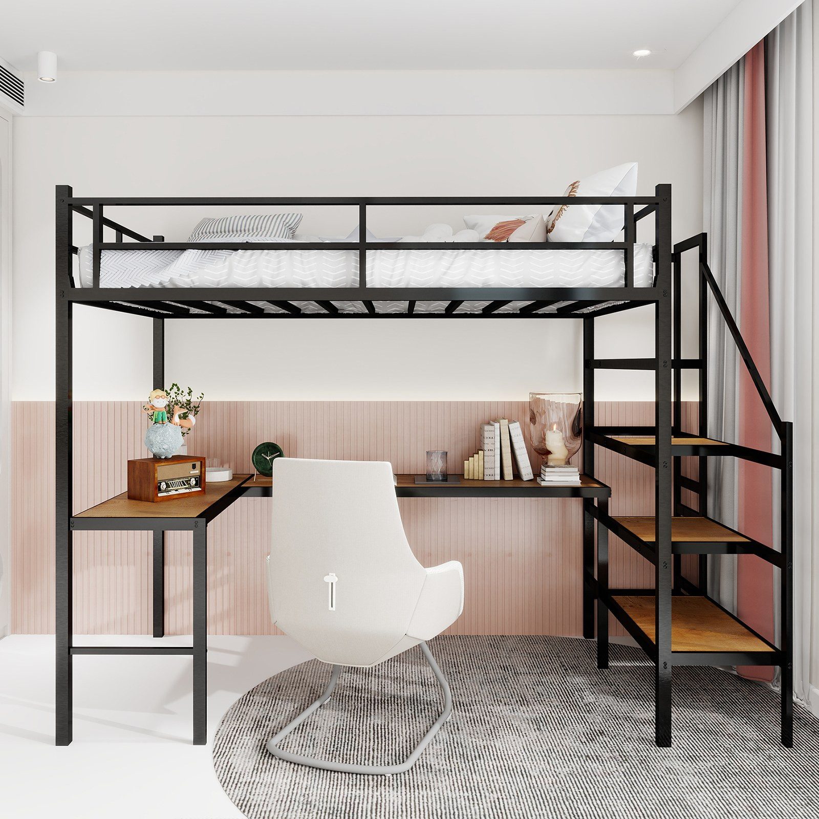 BlingBin Hochbett mit L-Schreibtisch & Stauraum, mit Sicherheitsgeländer & Treppe (1er set, 1-St., 197*106*175) Integrierter L-Förmiger Schreibtisch, platzsparend & geräuschlos