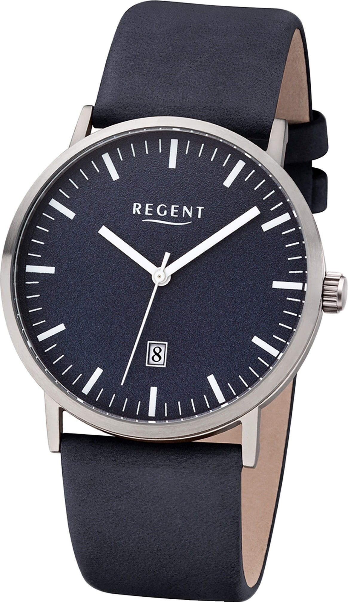 Regent Quarzuhr Regent Leder Herren Uhr F-1233 Analoge, Herrenuhr Lederarmband blau, rundes Gehäuse, mittel (ca. 39mm)