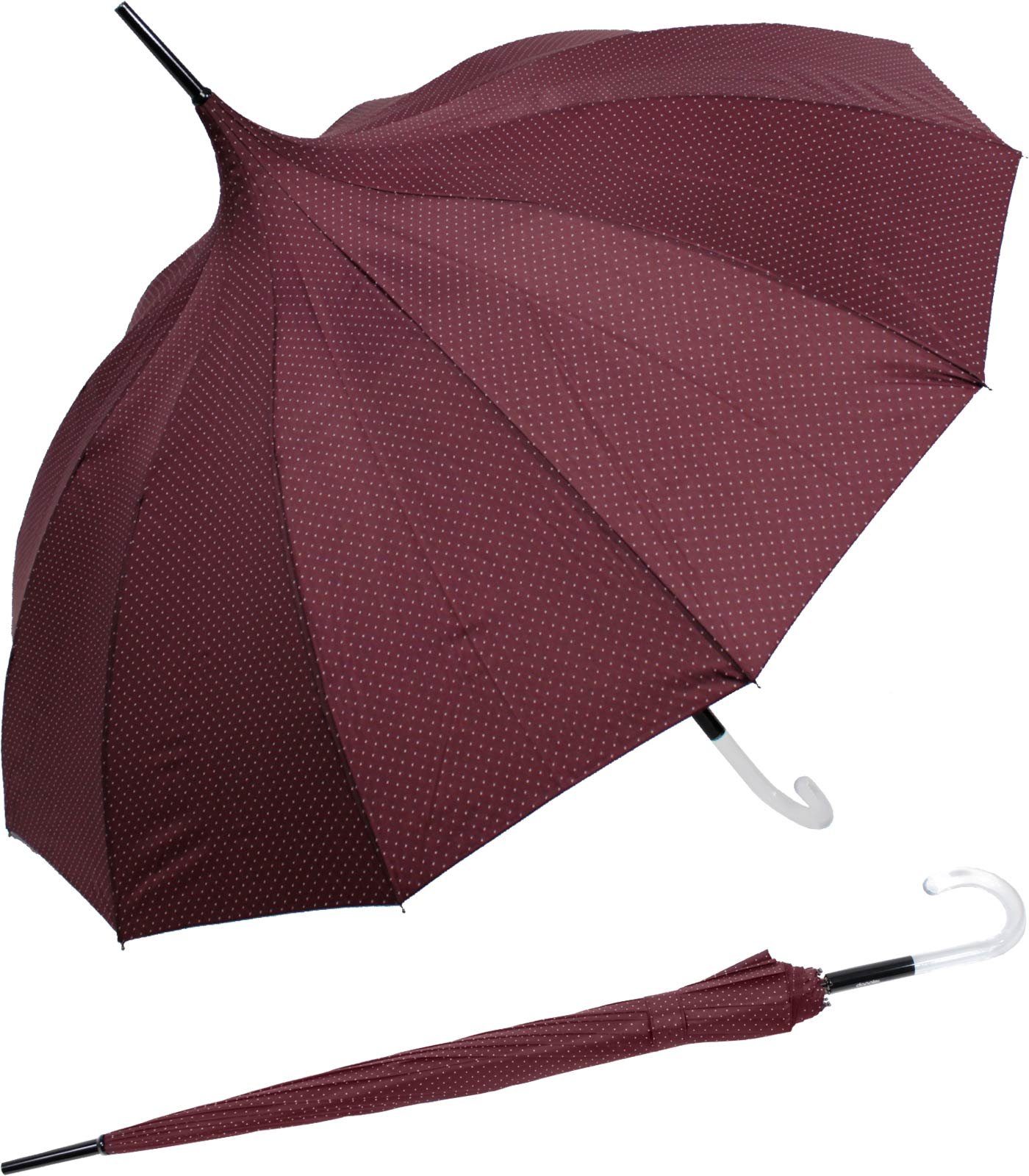 doppler® Langregenschirm auffällig geformter Damenschirm mit Auf-Automatik, elegante Pagodenform mit dezenten Punkten bordeaux