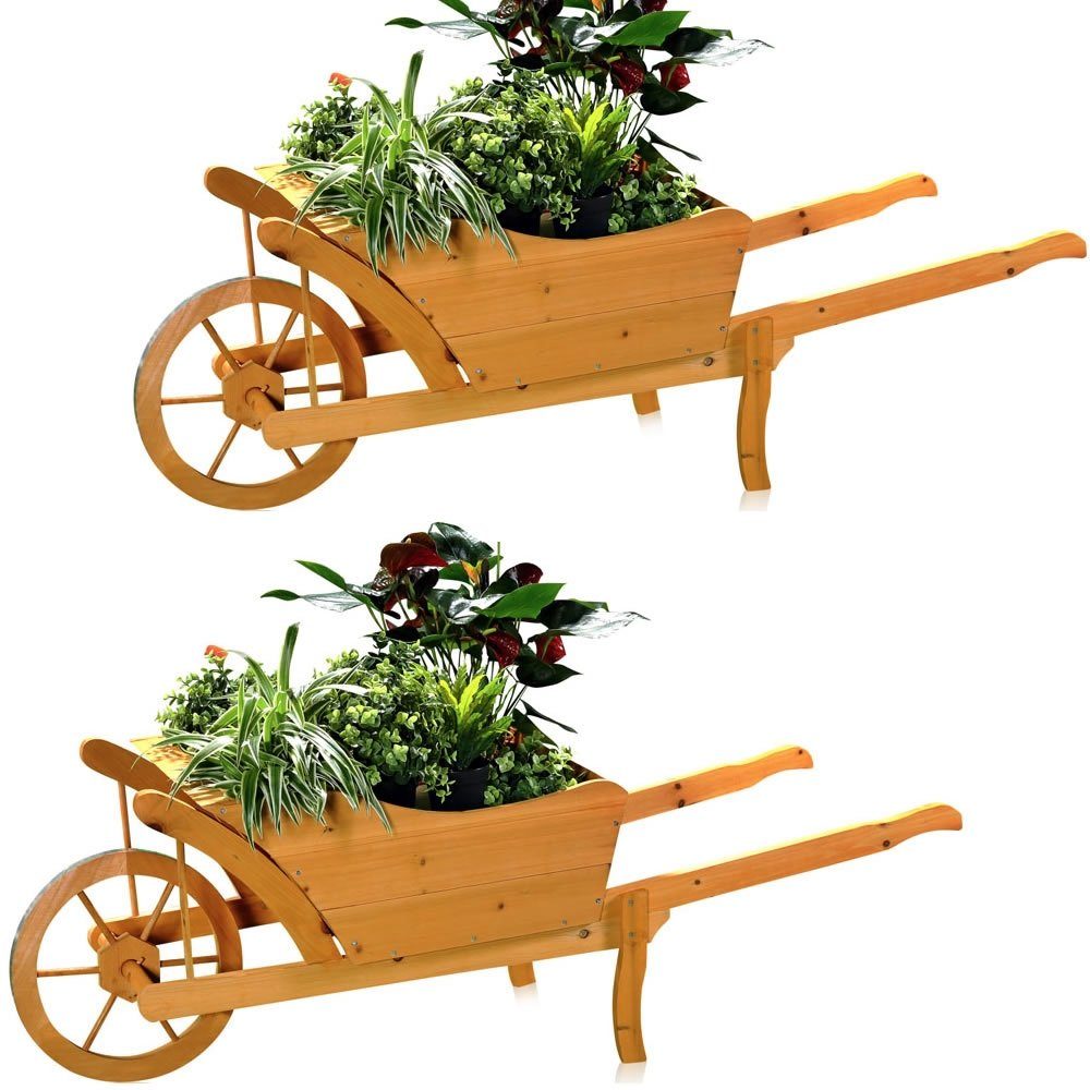 Blumentopf Blumentopf 2x Garten Pflanzschubkarre Schubkarre aus Holz Blumenkarre