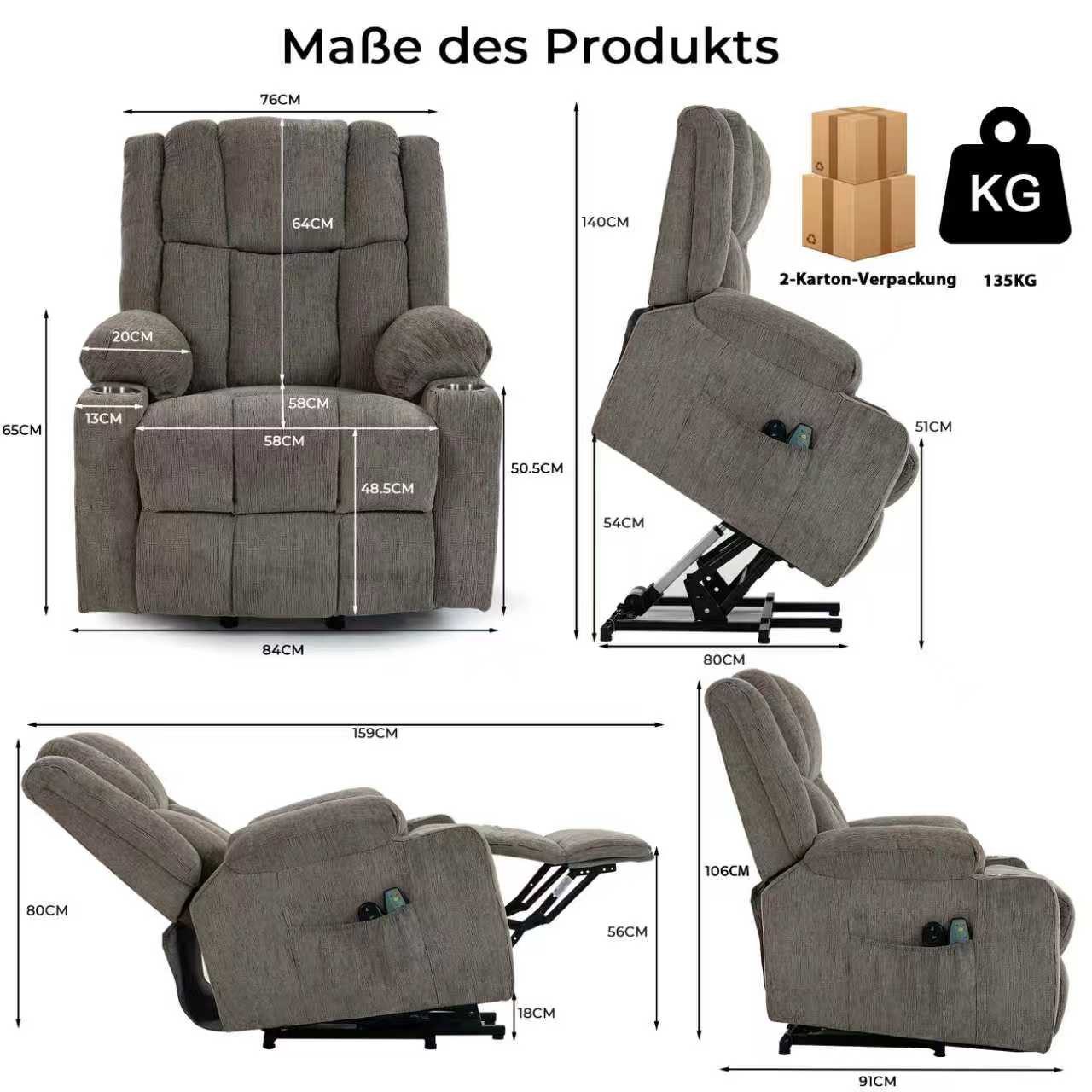 KLAM HOME Relaxsessel TV-Massagesessel mit Aufstehfunktion, Wärme & 4D-Vibration (Relaxsessel mit Remacro-Motor,Fernbedienung & Edelstahl-Getränkehalter), Senioren-Sessel für Wohnzimmer, Home-Office & Gästezimmer