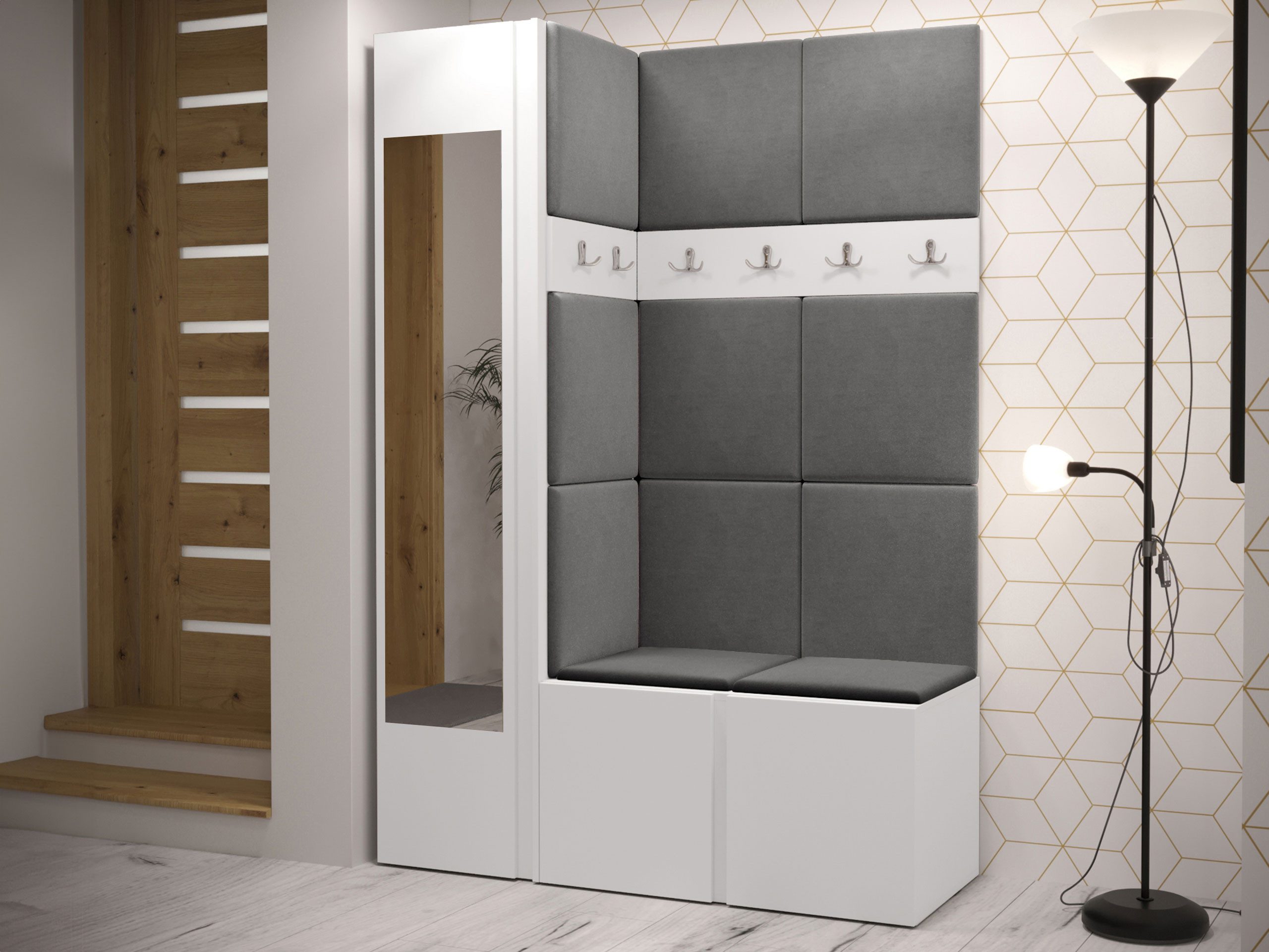 MIRJAN24 Garderoben-Set Orion X, (Komplett-Set, Schuhschrank, Schrank mit Spiegel, 2x Kleiderhaken, Paneel 11x 42x42), Auswahl aus Fronten und Polsterplatten