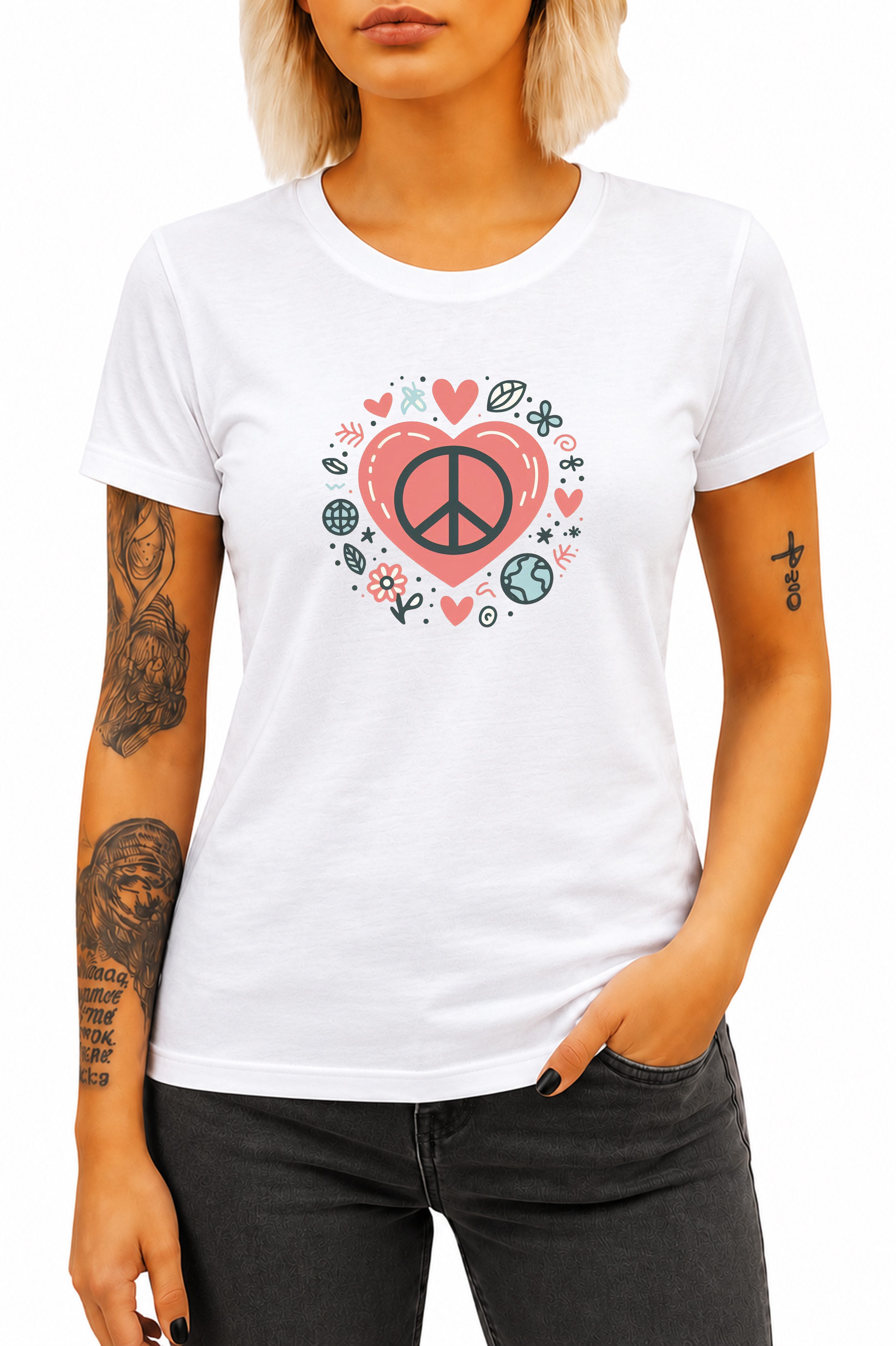 Banco T-Shirt Damen Peace Frieden Blumen Printshirt Rundhals Kurzarm Baumwolle 100% Baumwolle