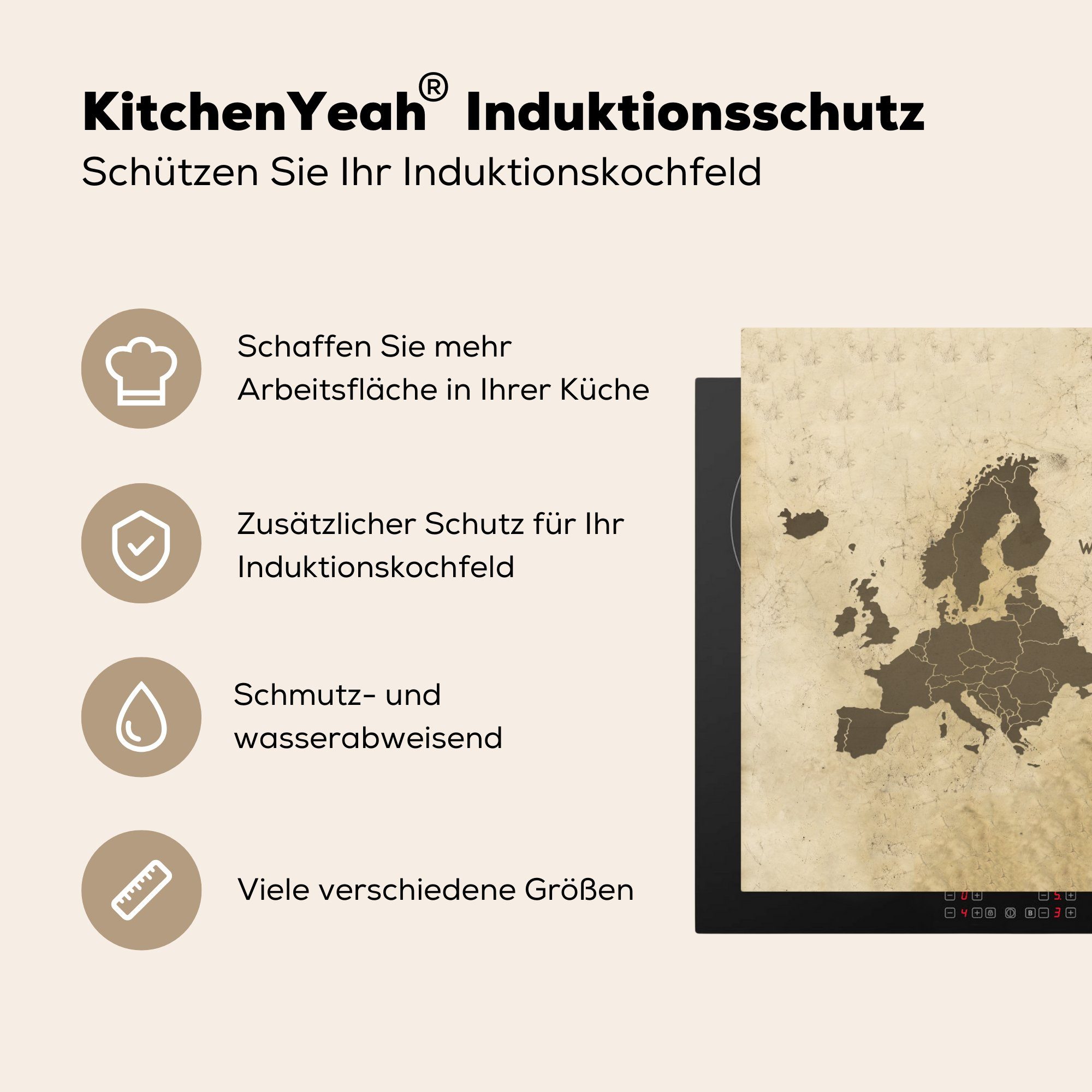 MuchoWow Herdblende-/Abdeckplatte für küche cm, - Ceranfeldabdeckung, (1 78x78 Vintage, - Karten Windrose Europa Arbeitsplatte tlg), Vinyl, 