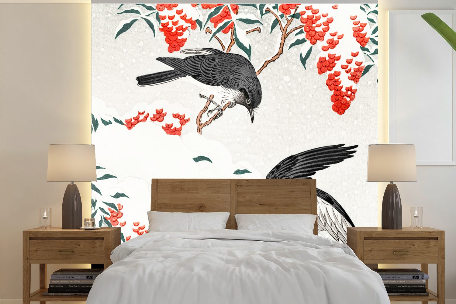 MuchoWow Fototapete Schlafzimmer, - Vögel Wohnzimmer - Vintage - Wandtapete bedruckt, Beere Rot (5 Tapete für oder Matt, St), Japan, - Vinyl