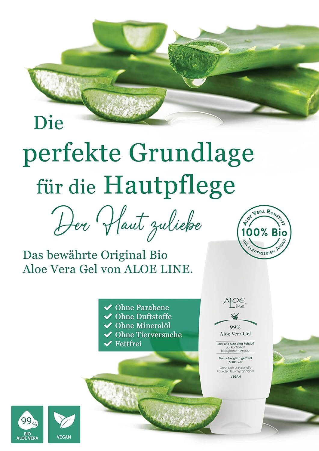 ALOE Line Feuchtigkeitsgel Duft- Bio - Vegan, 150ml Gel Vera - Ohne 99% & Aloe 1-tlg., Farbstoffe