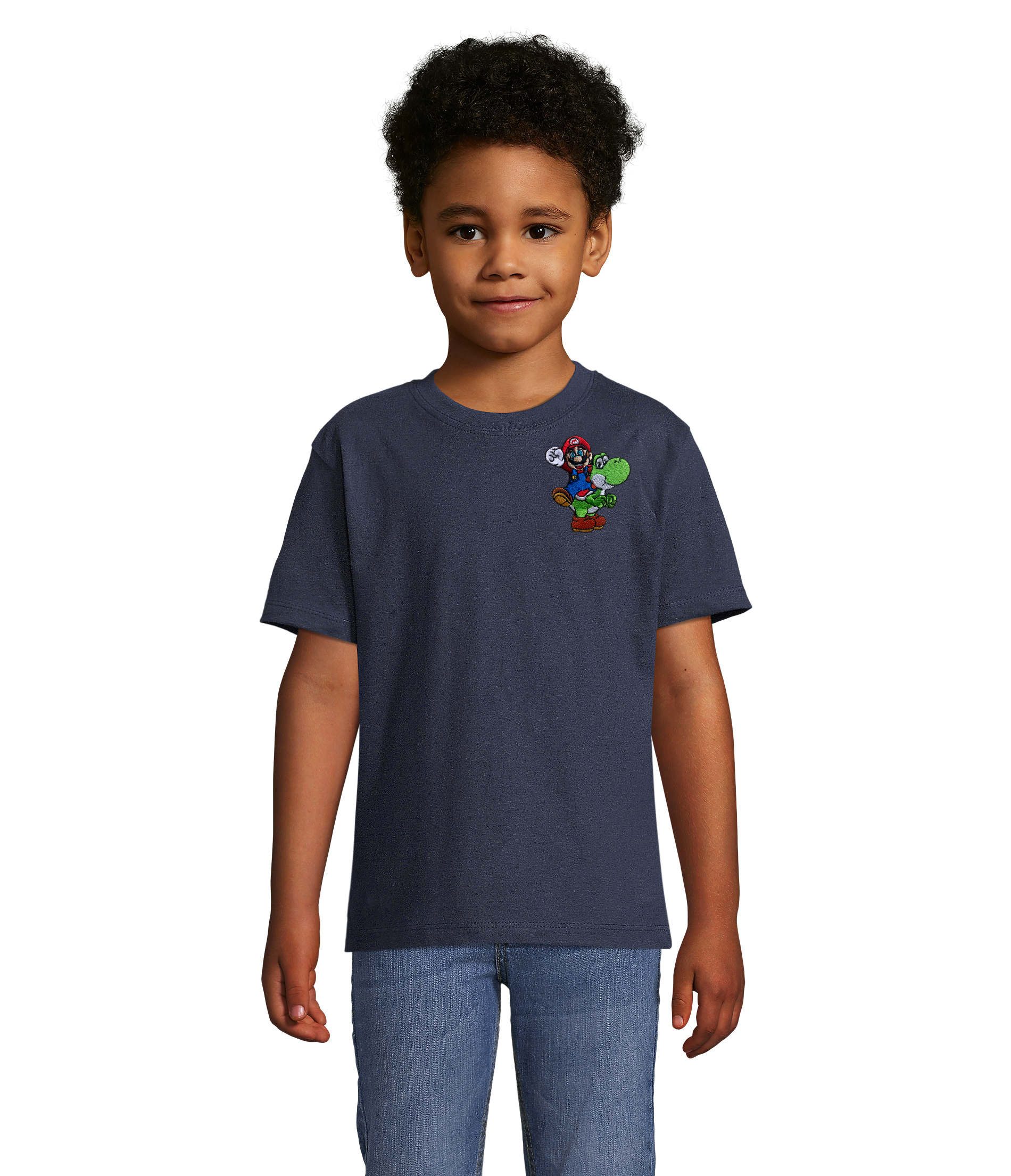 Blondie & Brownie T-Shirt Mario Luigi Yoshi Patch Kinder T-Shirt Retro Gaming Baumwolle Fun tee (Einzelstück, Einzelartikel) Retro Yoshi Abenteuer Patchshirt