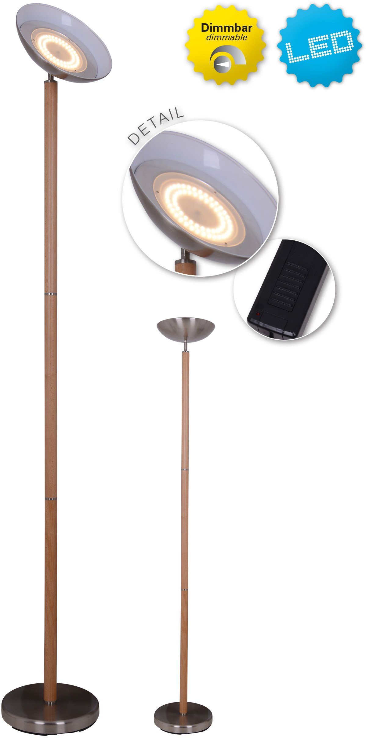 näve LED Stehlampe schwarz Dimmfunktion, Matilda, dimmbar integriert, 192cm Zuleitung Höhe fest Fußschalter mit Buchenholz LED Warmweiß